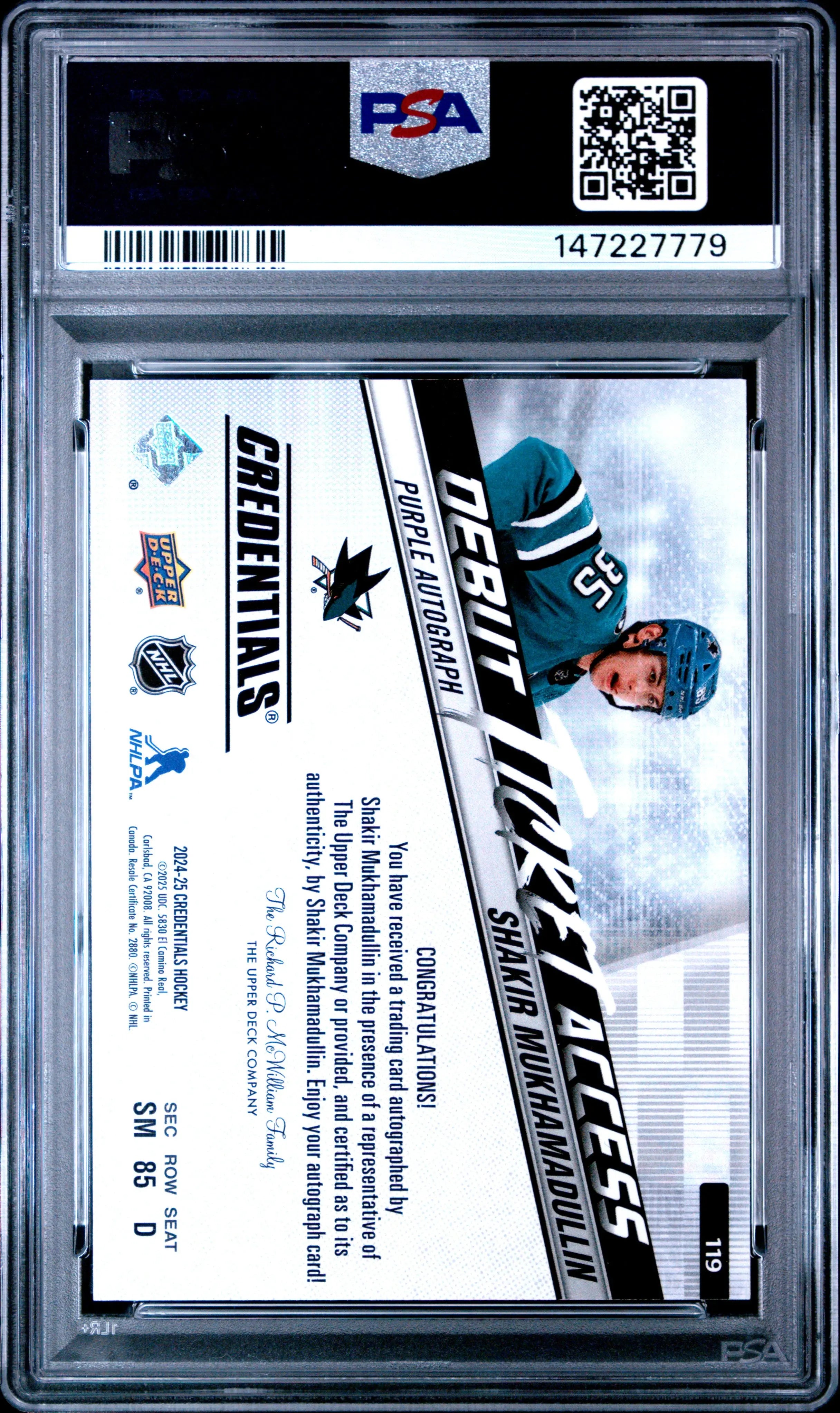 2024 UD Credentials Shakir Mukhamadullin Variation Autograph Purple /15 PSA 8 
