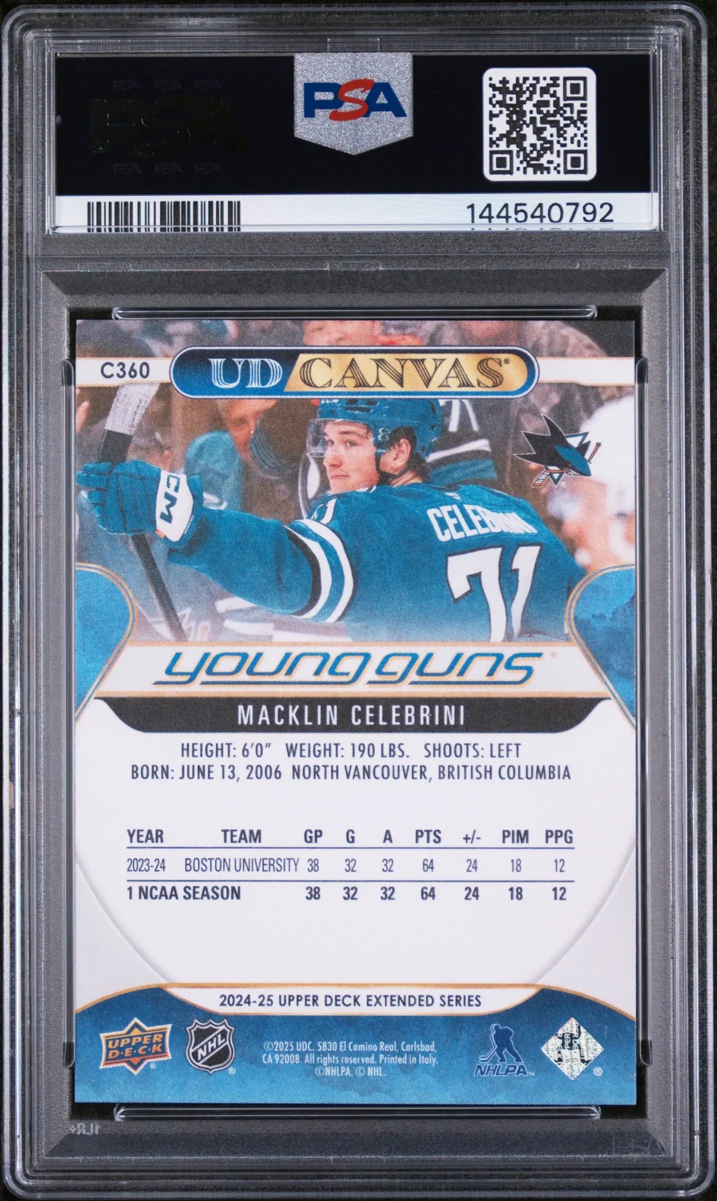 2024 UD Extended Series Hockey UD Canvas Young Guns RC Macklin Celebrini PSA 10 