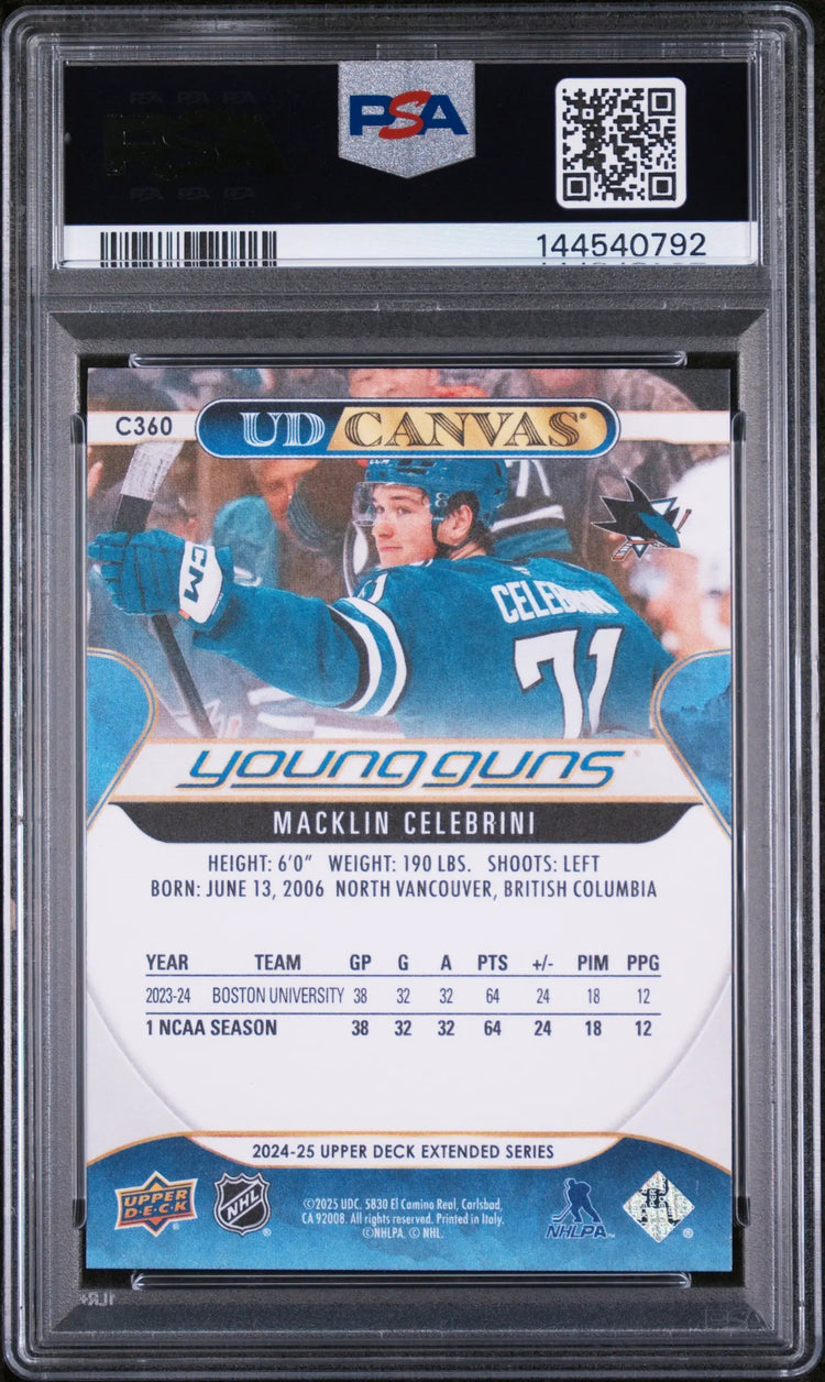 2024 UD Extended Series Hockey UD Canvas Young Guns RC Macklin Celebrini PSA 10 
