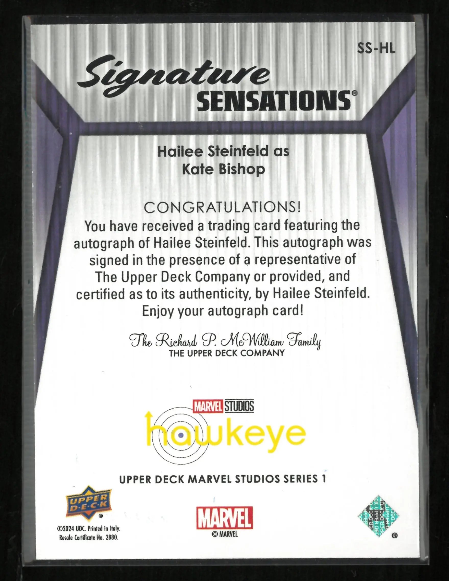 2024 UD Marvel Hawkeye Signature Sensations Hailee Steinfield as Kate Bishop Auto 