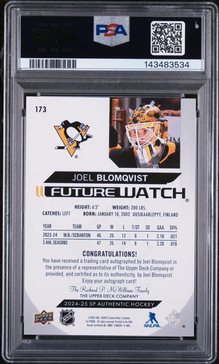2024 UD SP Auth Future Watch Rookie Joel Blomqvist Autograph Inscribed/999 PSA 9 
