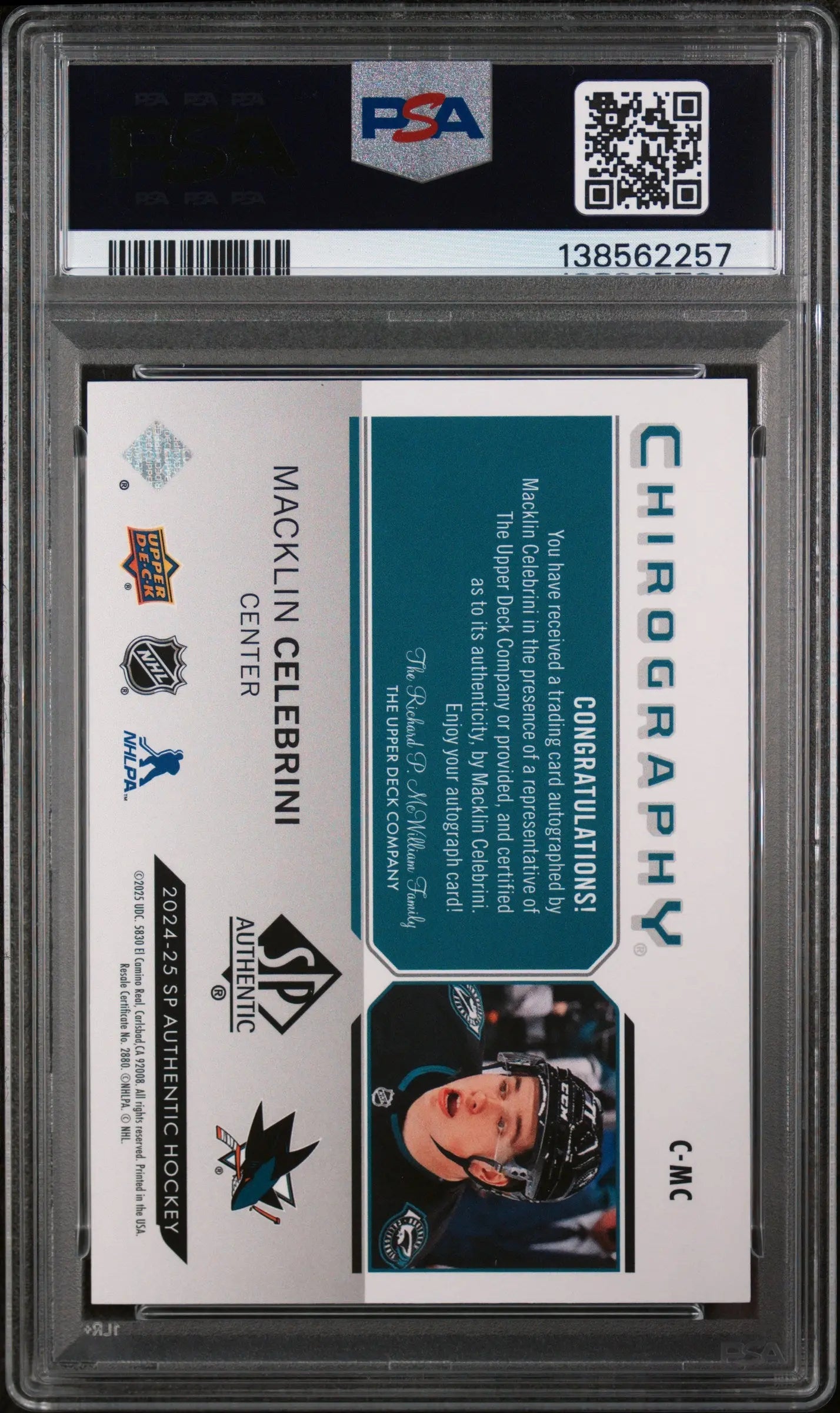 2024 UD SP Authentic Chirography Macklin Celebrini RC Auto PSA 9 #CMC 