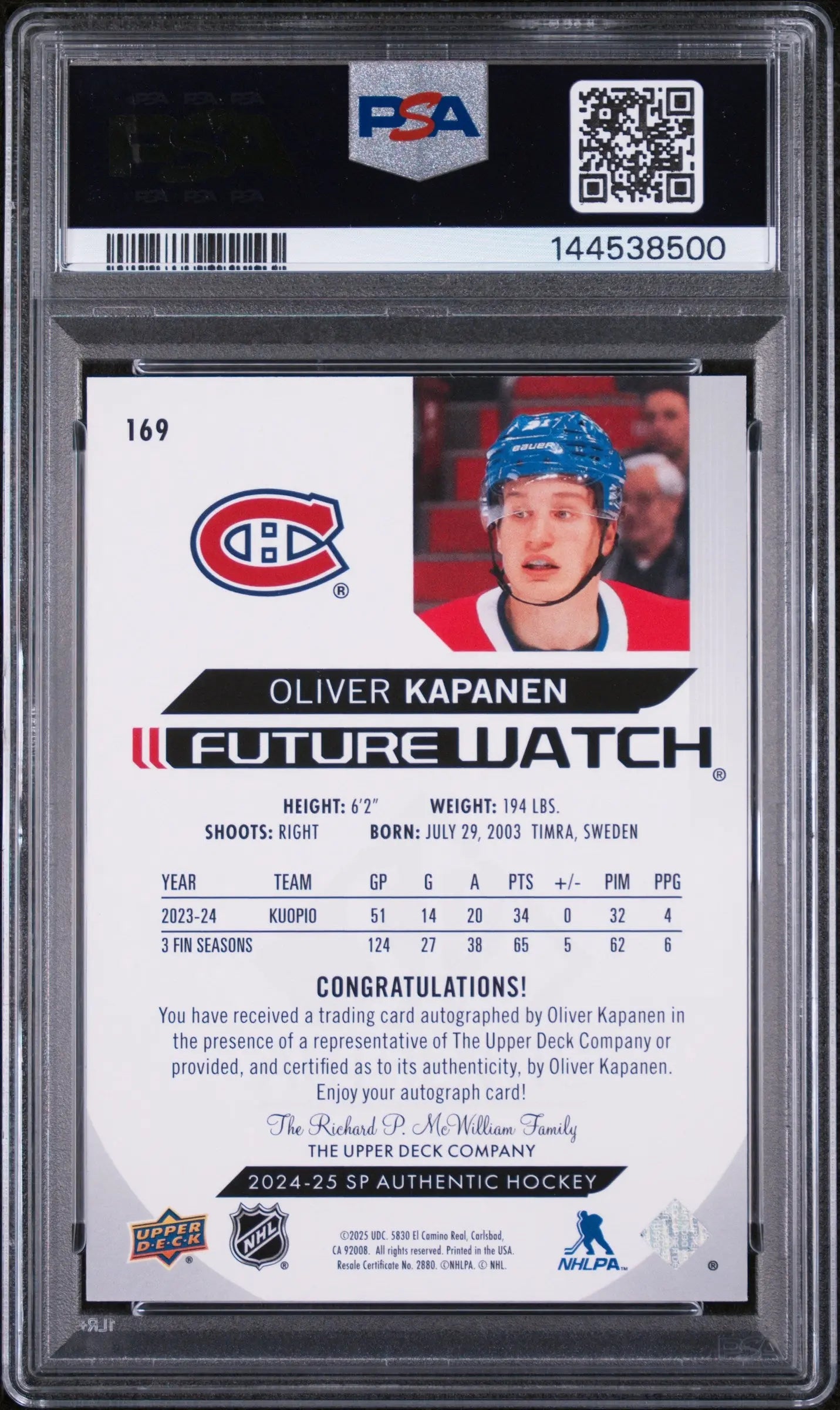 2024 UD SP Authentic Future Watch Rookie Autograph Oliver Kapanen Auto/999 PSA 9 