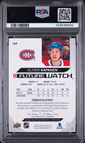 2024 UD SP Authentic Future Watch Rookie Autograph Oliver Kapanen Auto/999 PSA 9 