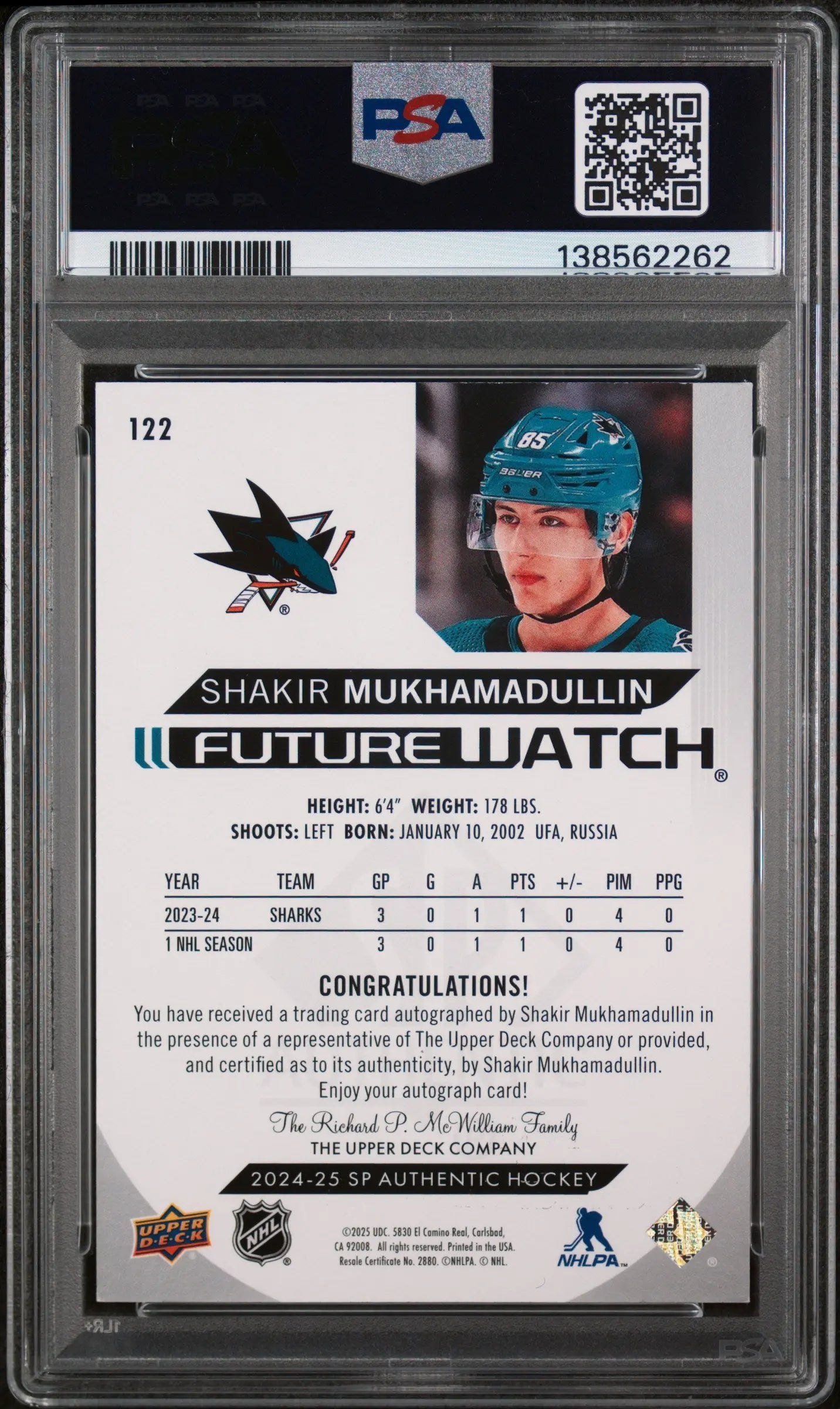 2024 UD SP Authentic Shakir Mukhamadullin Autograph Auto Inscription PSA 8 /999 
