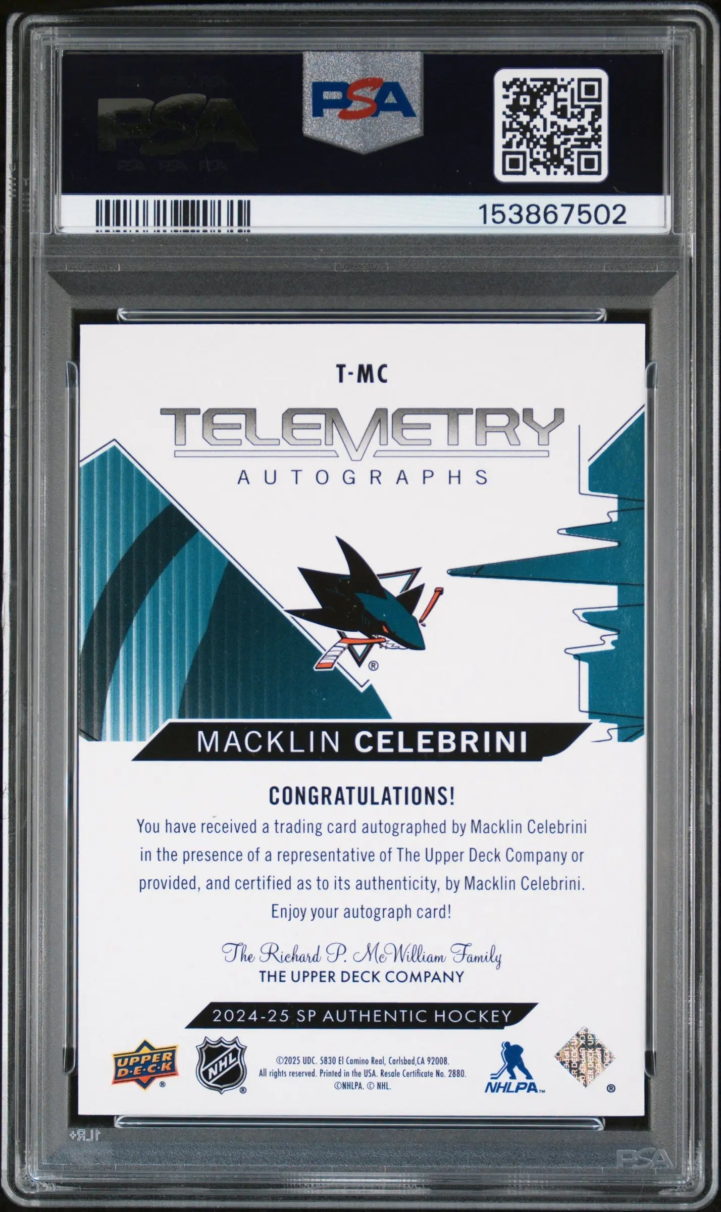 2024 UD SP Authentic Telemetry Autograph Auto Macklin Celebrini RC PSA 10 