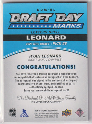 2024 UD SP Game Used Draft Day Marks Patch Autograph Ryan Leonard Auto /35 