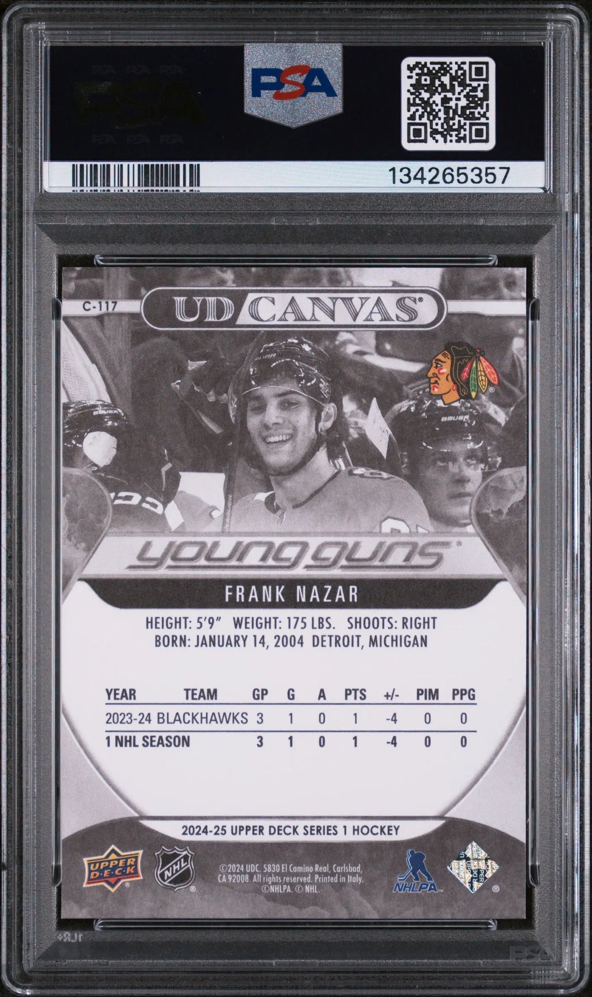 2024 UD Series 1 UD Canvas Young Guns Rookie Frank Nazar Black & White PSA 10 