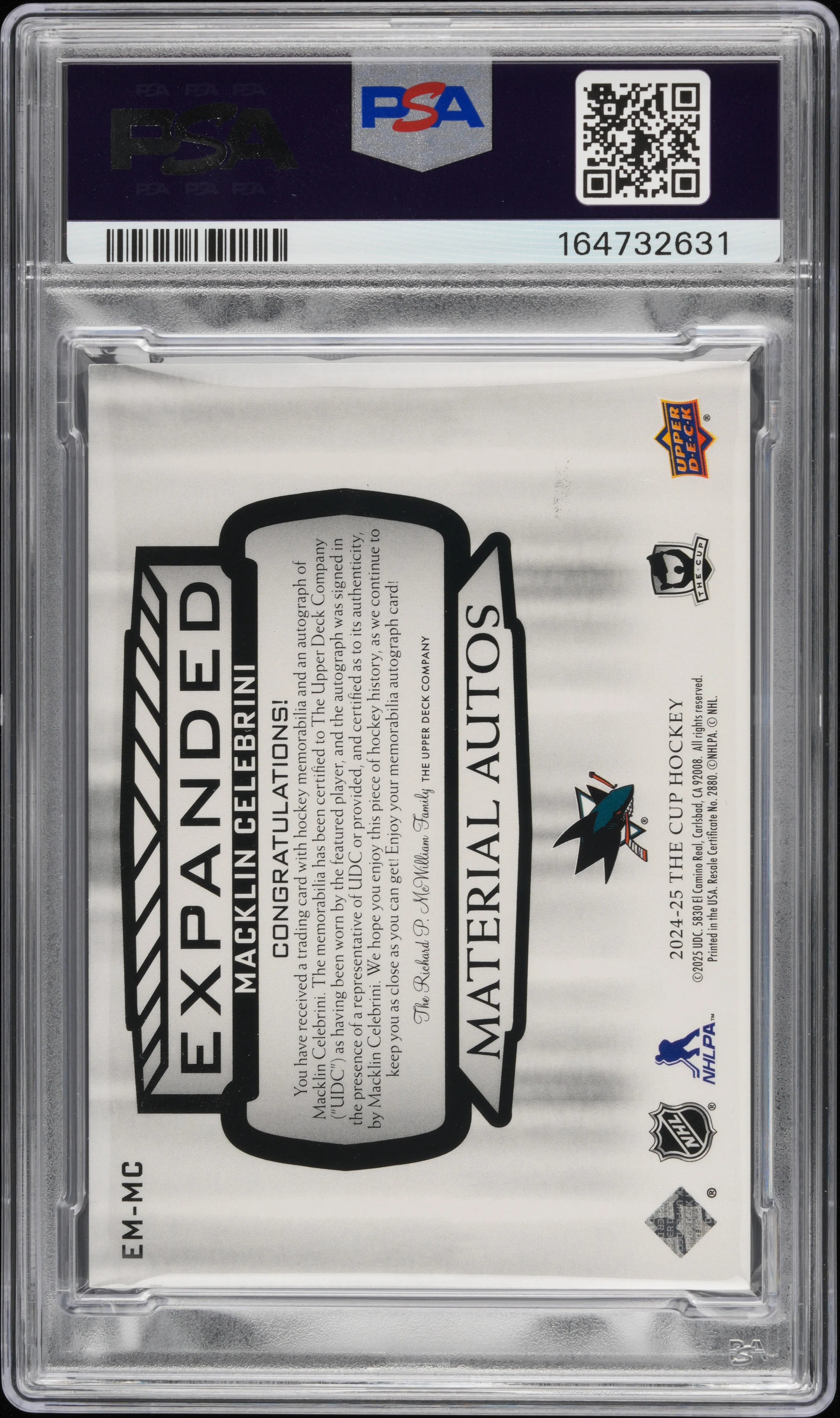 2024 UD The Cup Expanded Rookie Material Autos Macklin Celebrini /15 PSA 8 