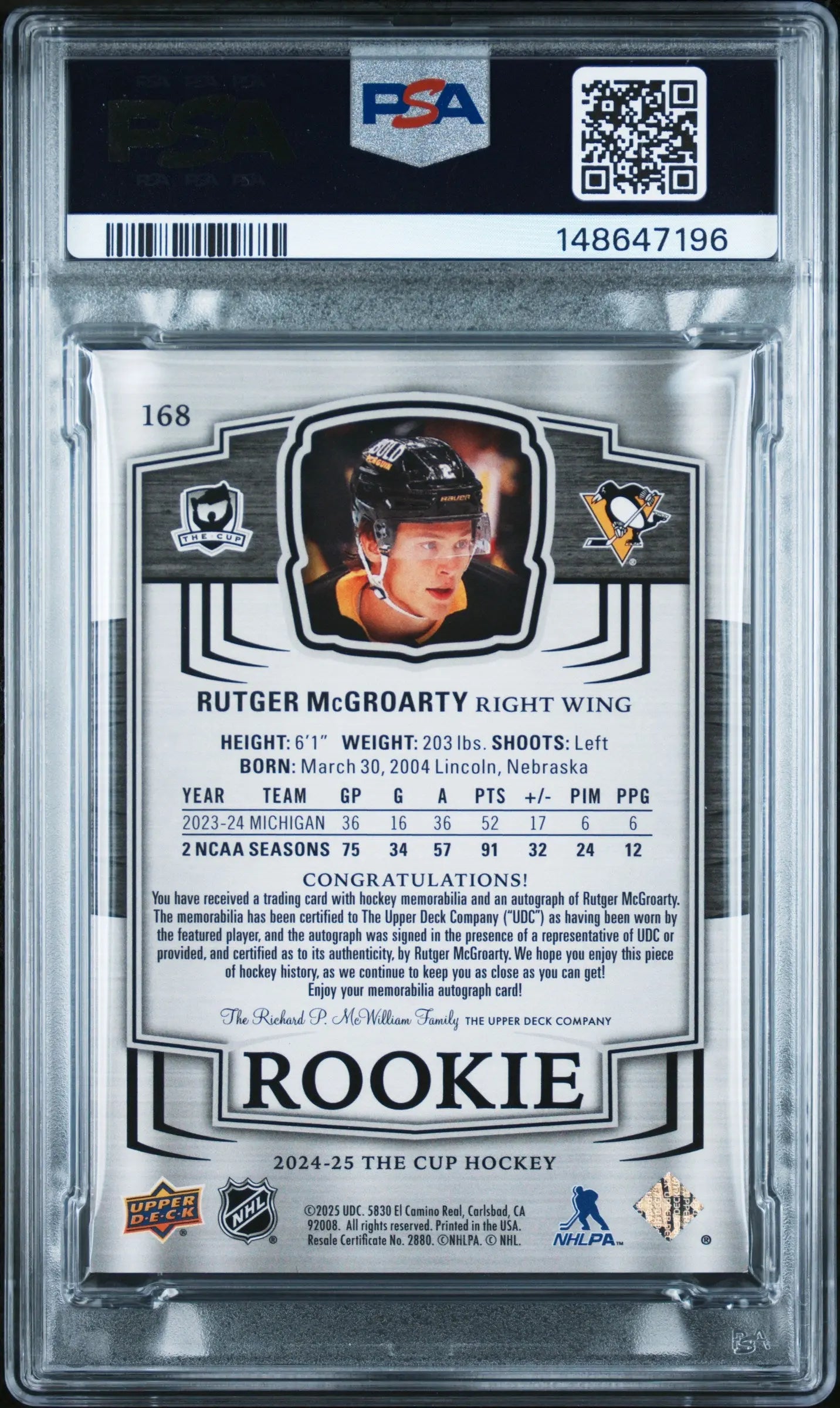 2024 UD The Cup Rutger McGroarty RC Rookie Patch Auto Gold Foil PSA 8 /24 