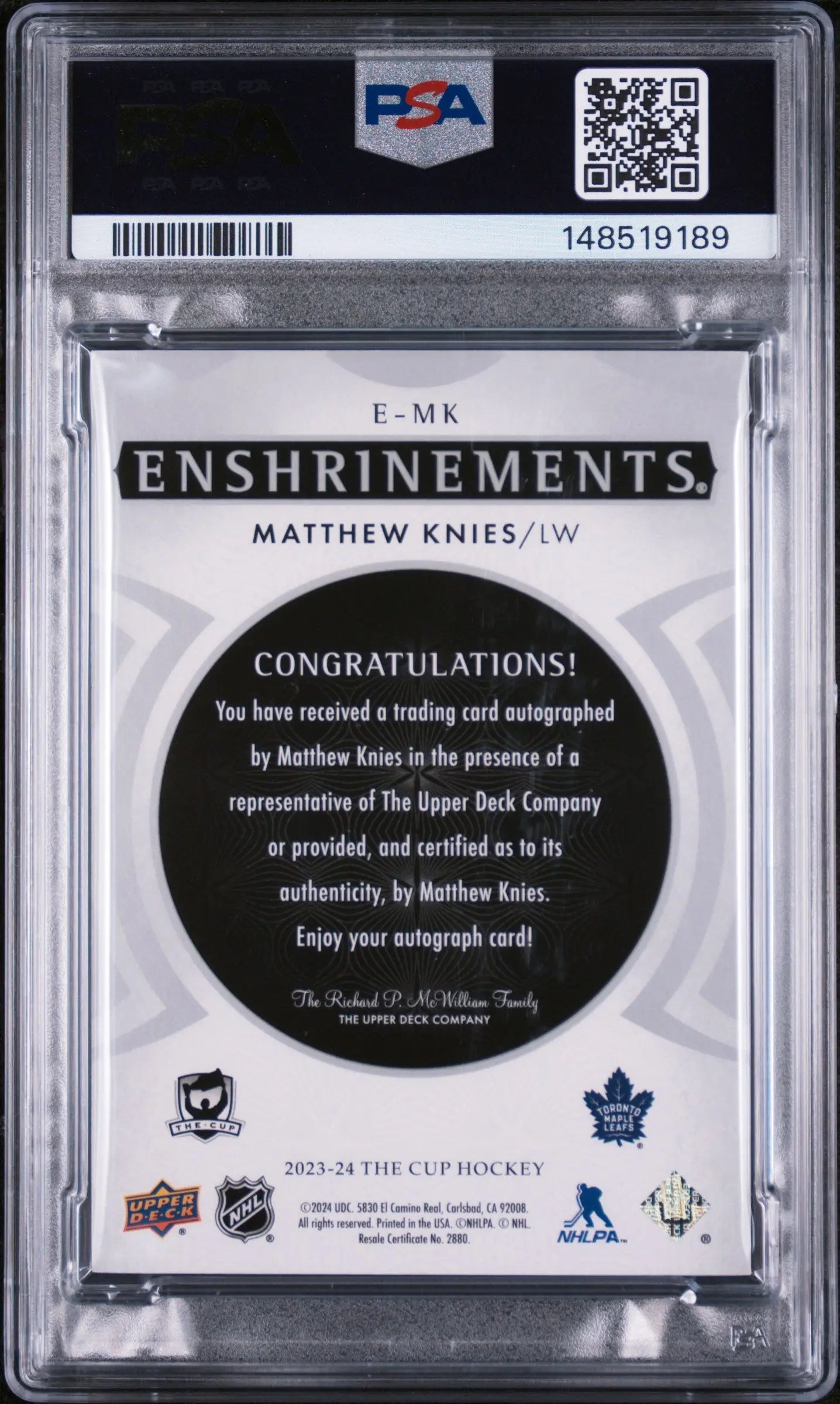 2024 UD The Cup Update Autograph Matthew Knies  Enshrinements Auto /99 PSA 8 