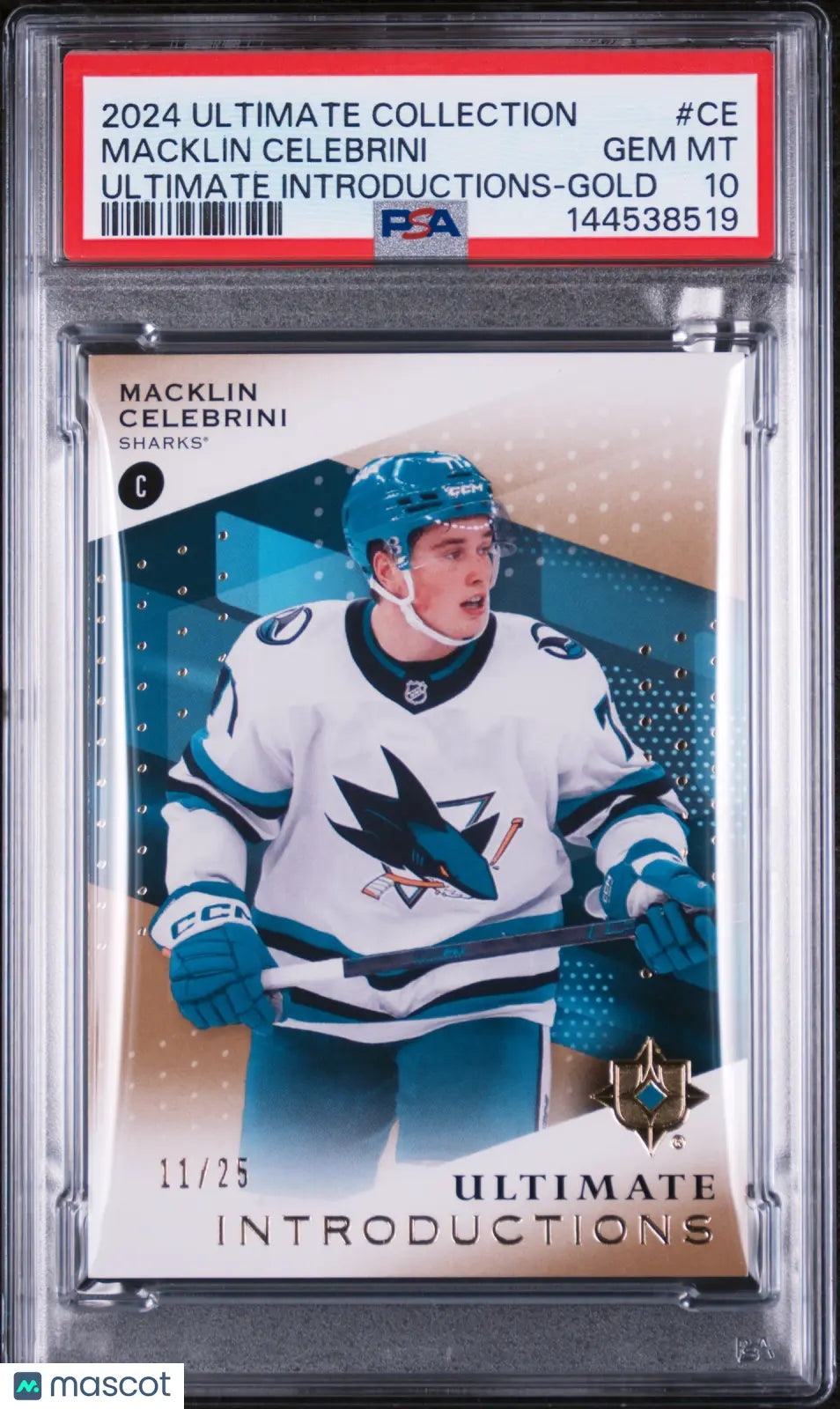 2024 UD Ultimate Hockey Introductions Macklin Celebrini RC Gold /25 PSA 10 