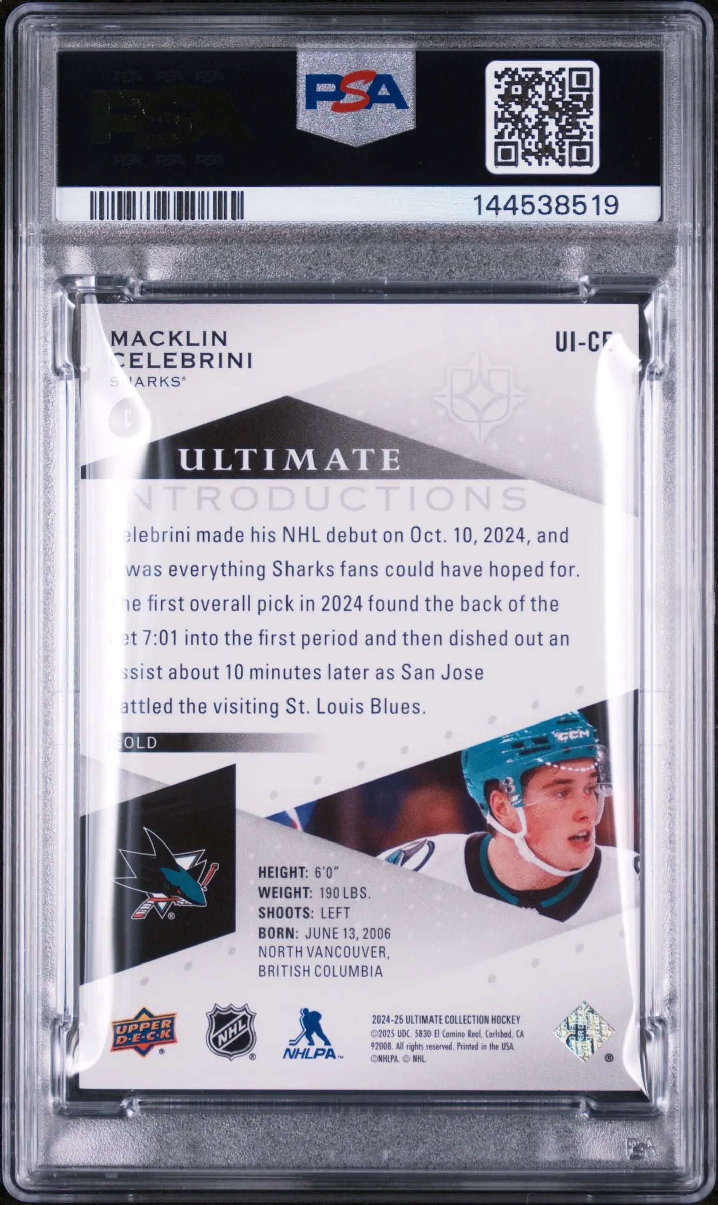 2024 UD Ultimate Hockey Introductions Macklin Celebrini RC Gold /25 PSA 10 
