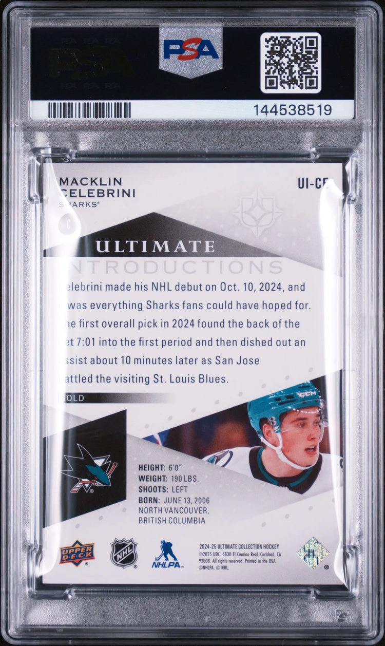 2024 UD Ultimate Hockey Introductions Macklin Celebrini RC Gold /25 PSA 10 