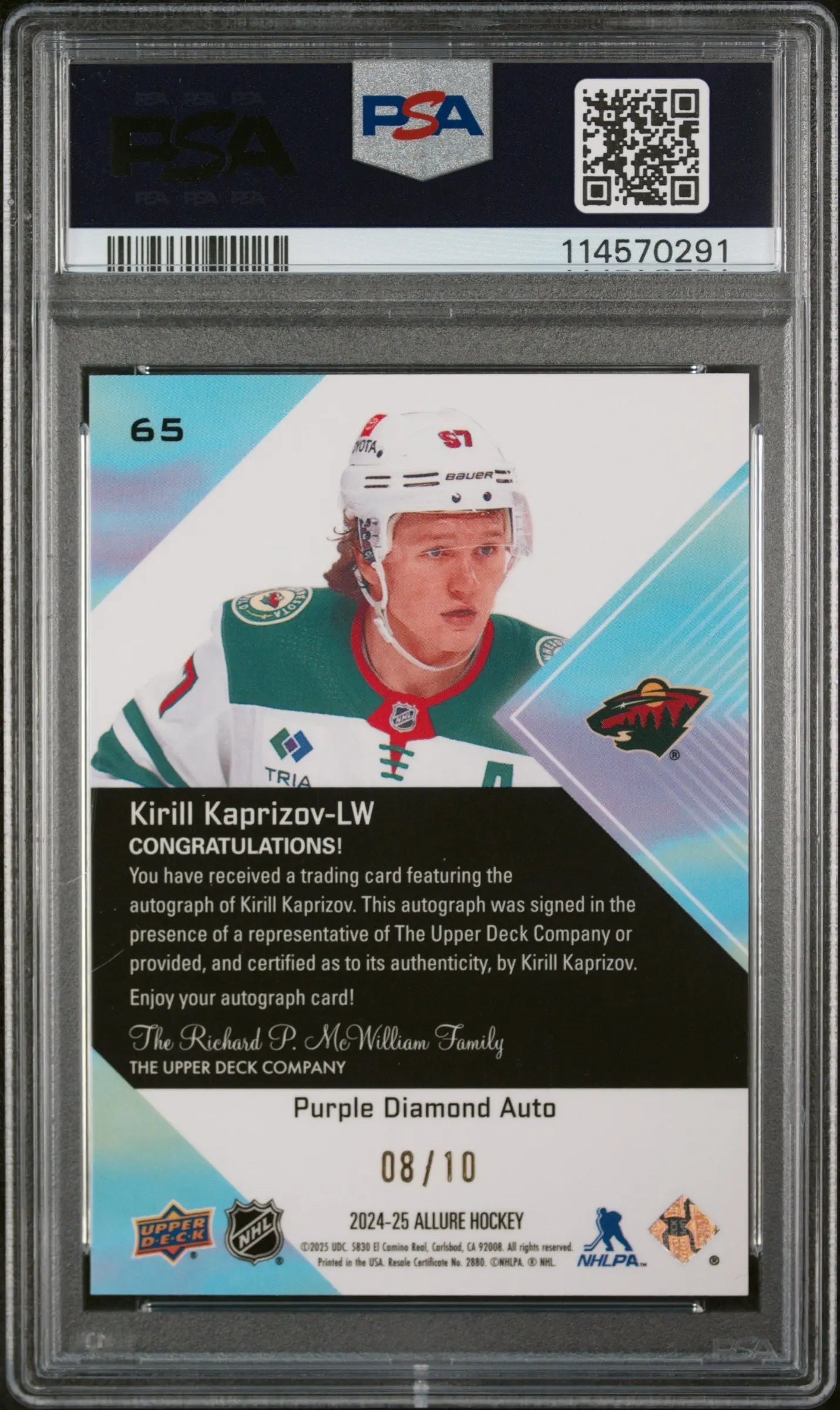 2024 Upper Deck Allure Kirill Kaprizov #65 Autograph Purple Diamond /10 PSA 9 
