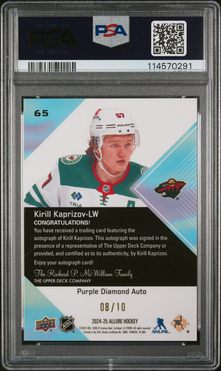 2024 Upper Deck Allure Kirill Kaprizov #65 Autograph Purple Diamond /10 PSA 9 
