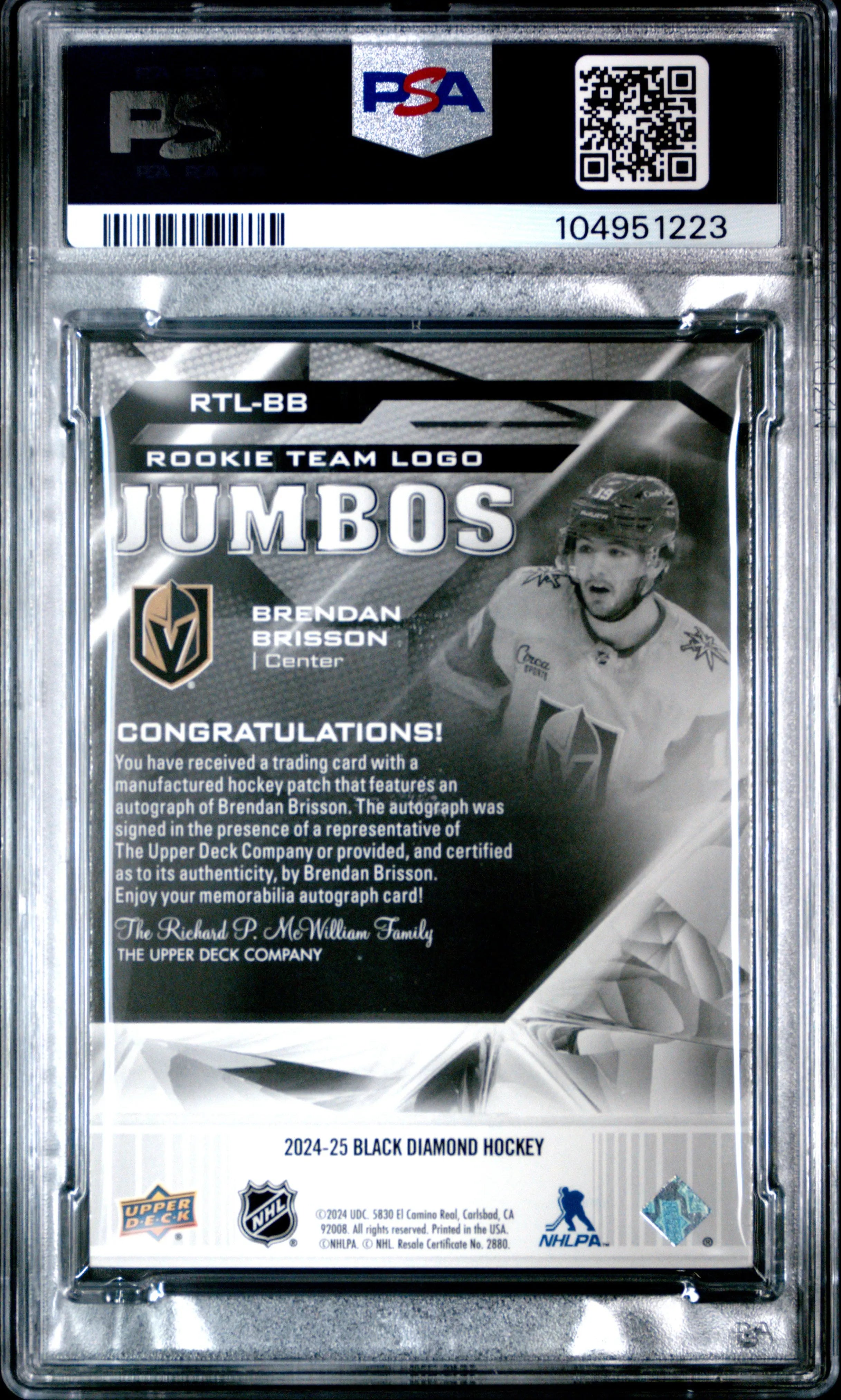 2024 Upper Deck Black Diamond Rookie Team Jumbo Patch Brendan Brisson /49 PSA 10 