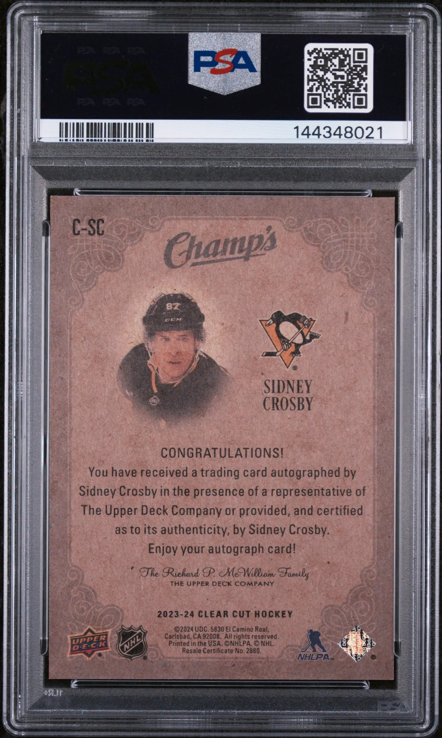 2024 Upper Deck Clear Cut Update Sidney Crosby Autograph Red/10 PSA Auth Auto 10 