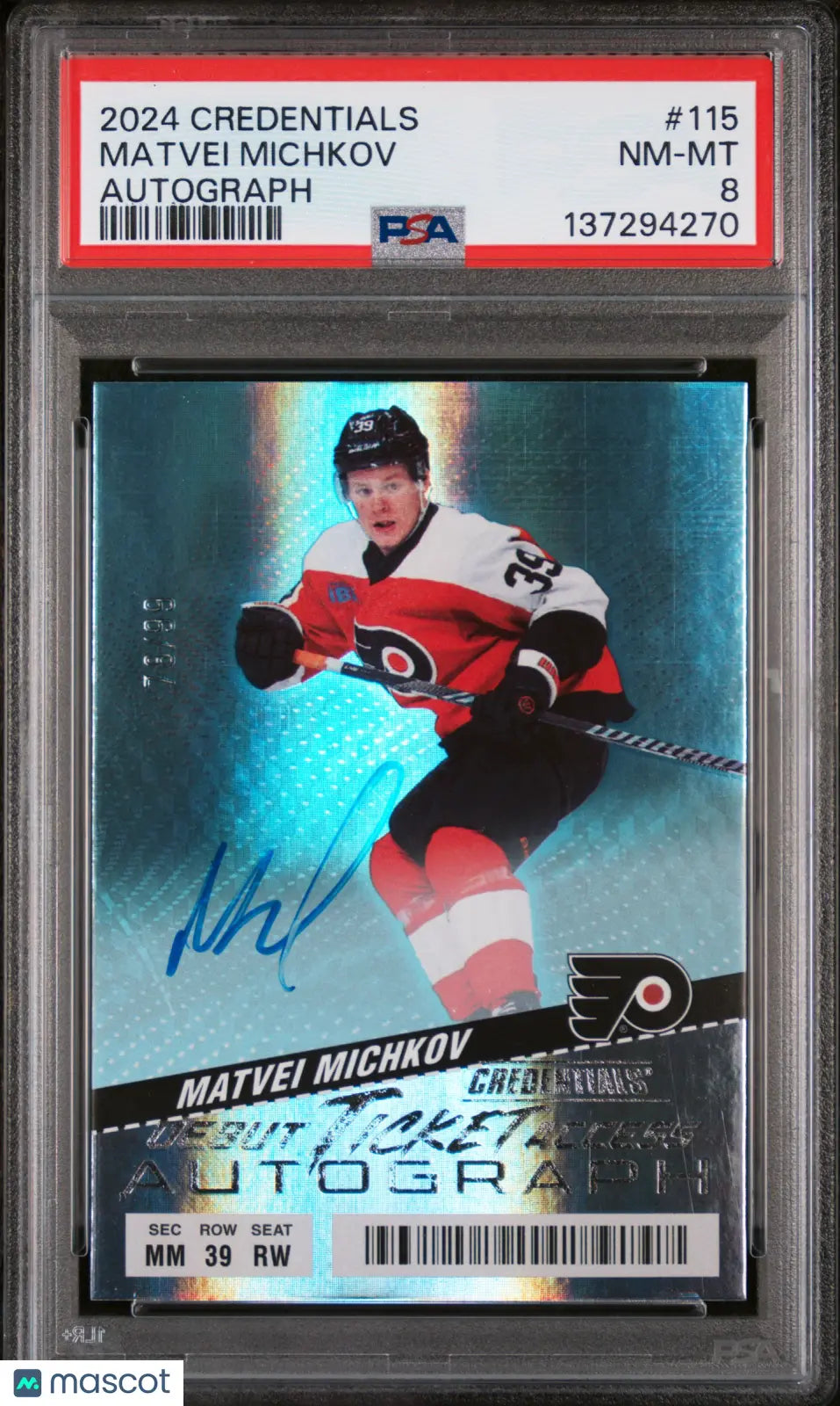 2024 Upper Deck Credentials Debut RC Ticket Access Auto Matvei Michkov /94 PSA 8 