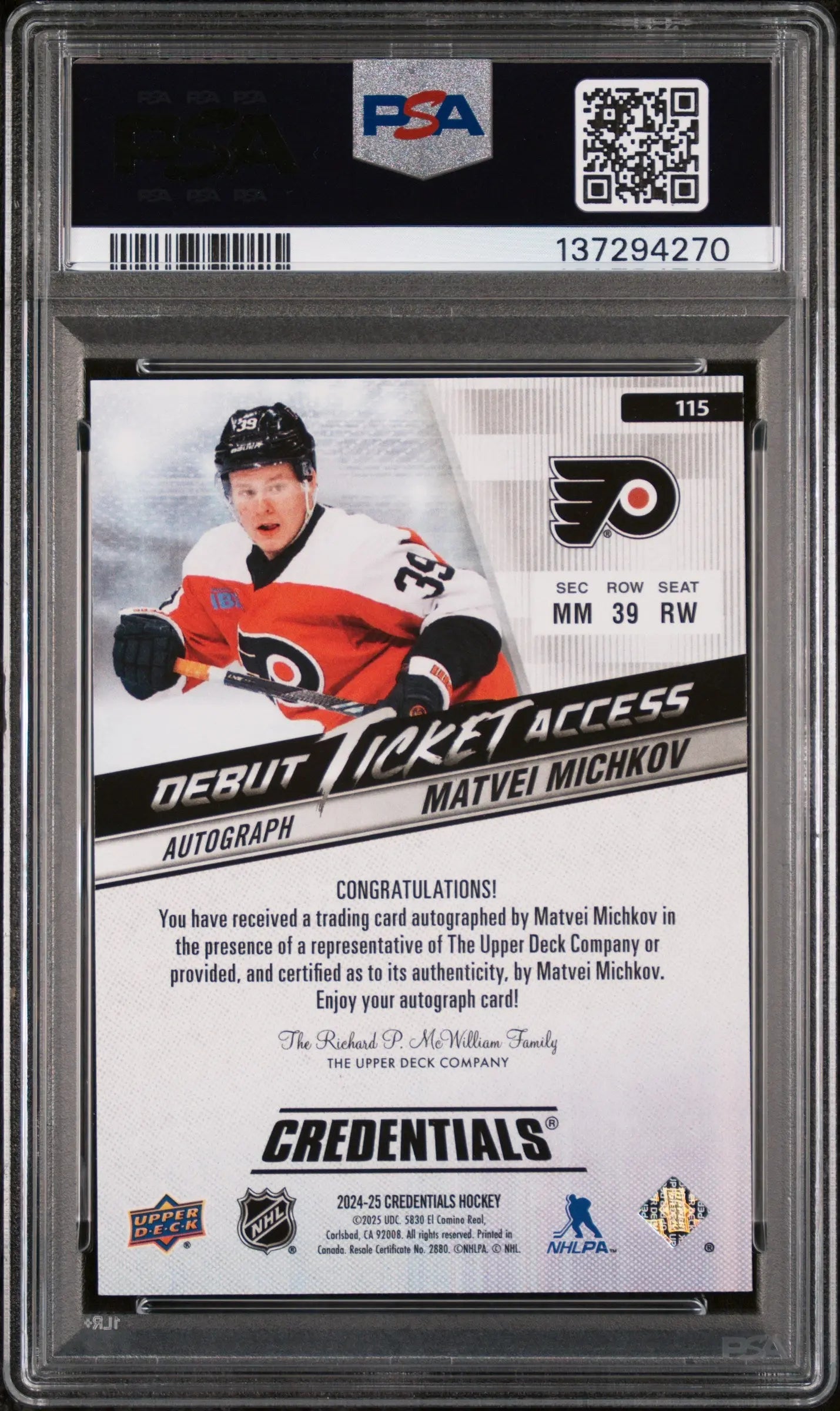 2024 Upper Deck Credentials Debut RC Ticket Access Auto Matvei Michkov /94 PSA 8 