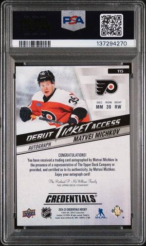 2024 Upper Deck Credentials Debut RC Ticket Access Auto Matvei Michkov /94 PSA 8 