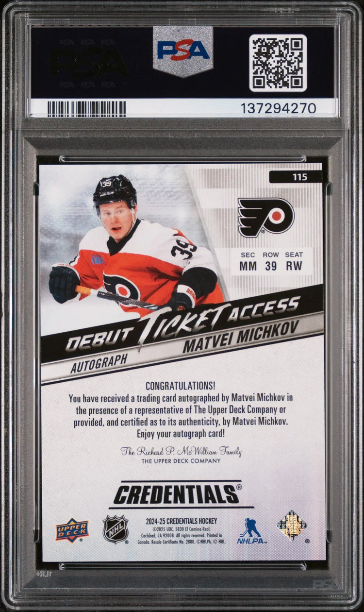 2024 Upper Deck Credentials Debut RC Ticket Access Auto Matvei Michkov /94 PSA 8 