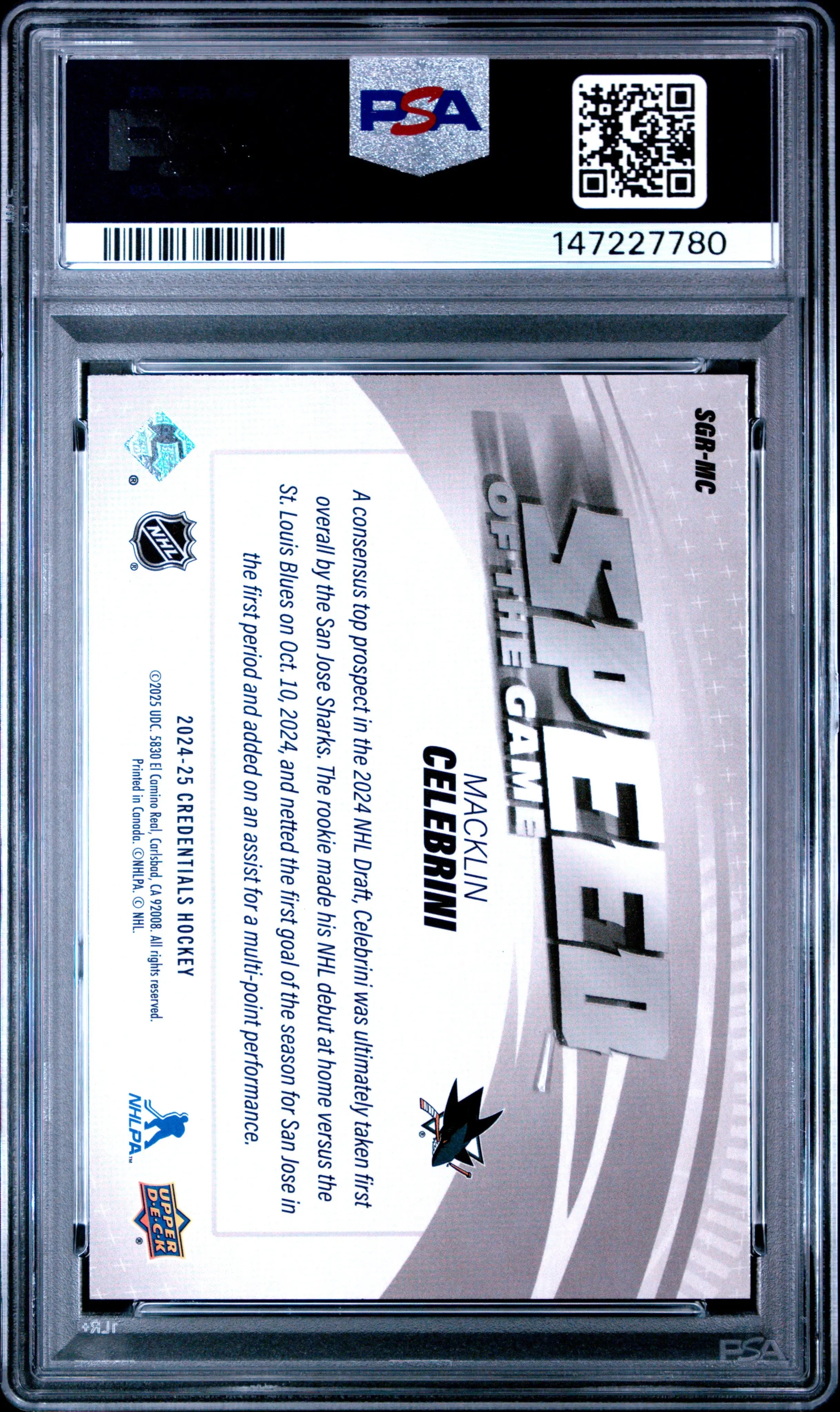 2024 Upper Deck Credentials Speed Of The Game Rookies Macklin Celebrini RC PSA 9 