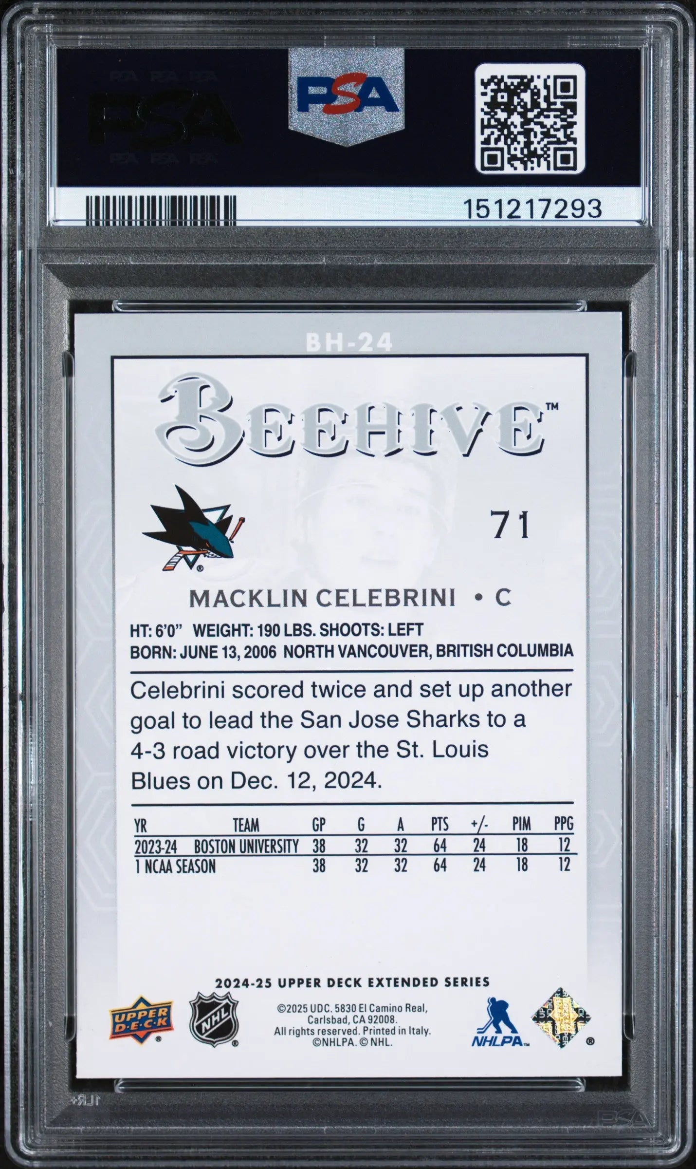 2024 Upper Deck Extended Series Beehive Macklin Celebrini #BH24 PSA 9 