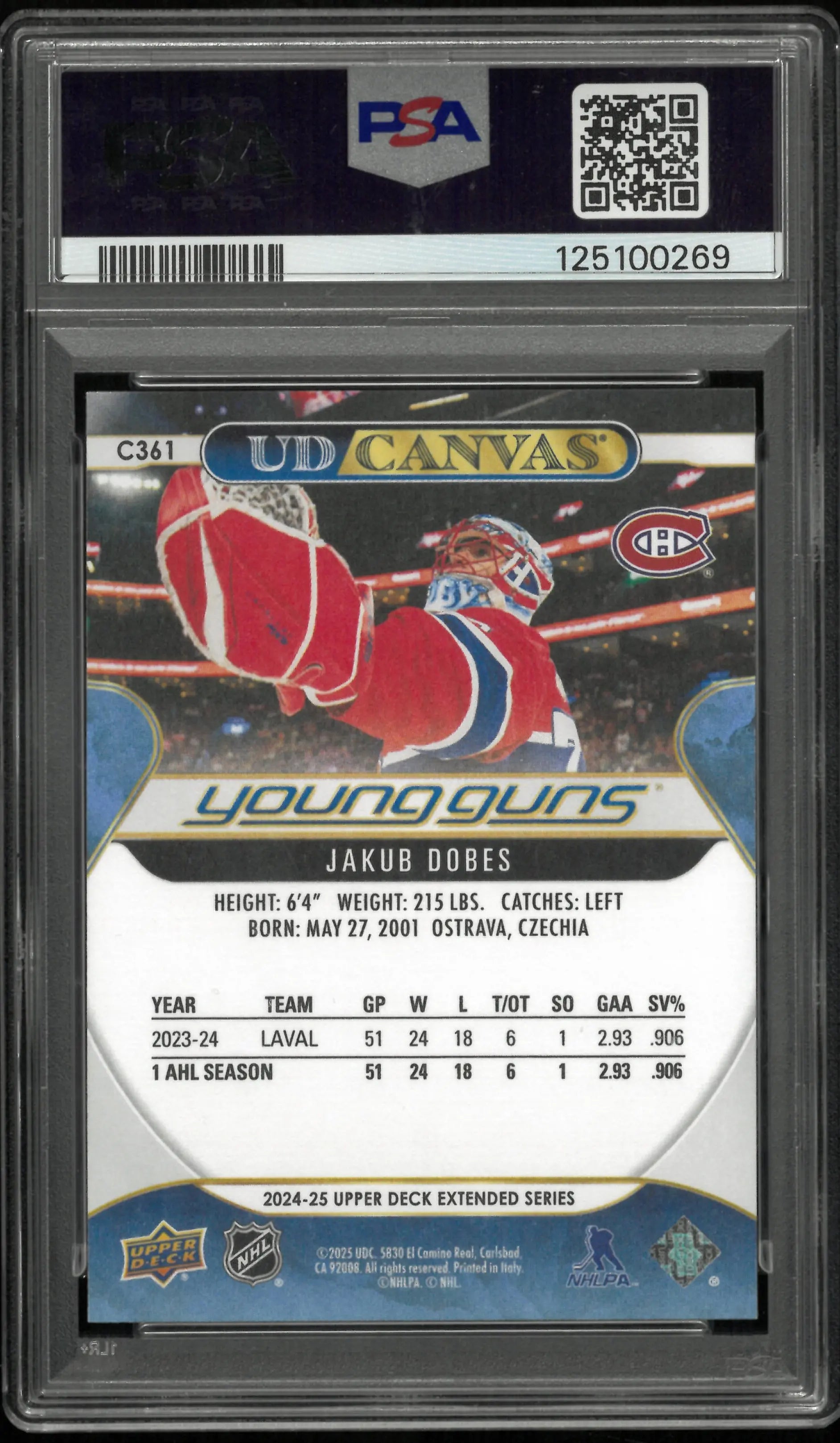 2024 Upper Deck Extended Series UD Canvas Jakub Dobes Young Guns RC PSA 10 