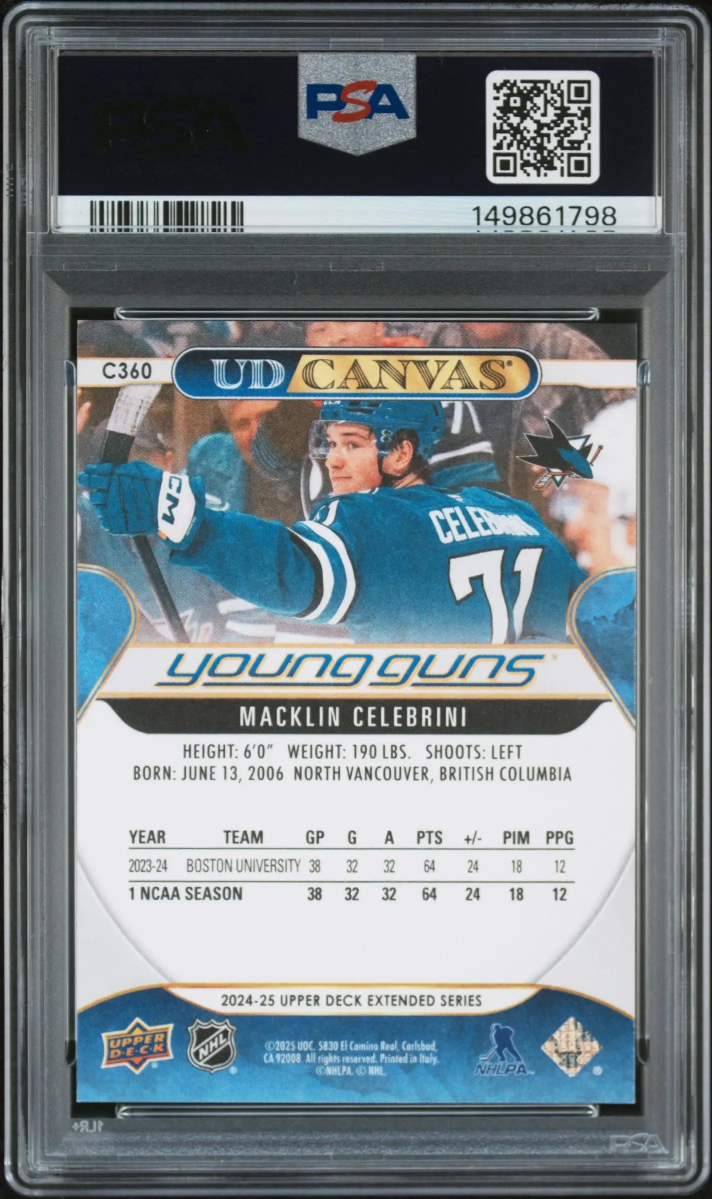 2024 Upper Deck Extended Series Young Guns RC UD Canvas Macklin Celebrini PSA 9 