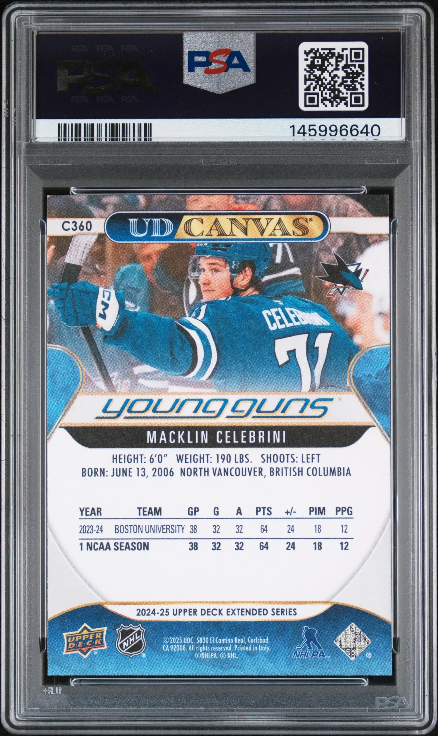 2024 Upper Deck Extended UD Canvas Young Guns Rookie Macklin Celebrini RC PSA 9 