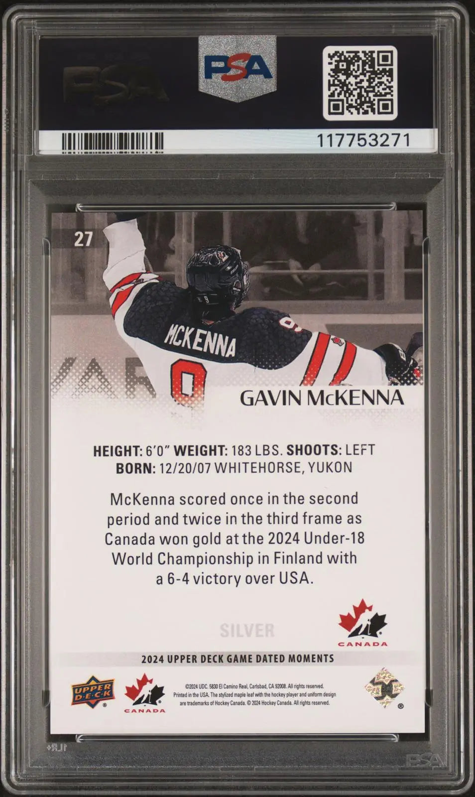 2024 Upper Deck Game Dated Moments Gavin McKenna Hat Trick Silver PSA 10 