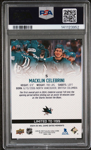 2024 Upper Deck Game Dated Moments Macklin Celebrini  /1199 PSA 10 