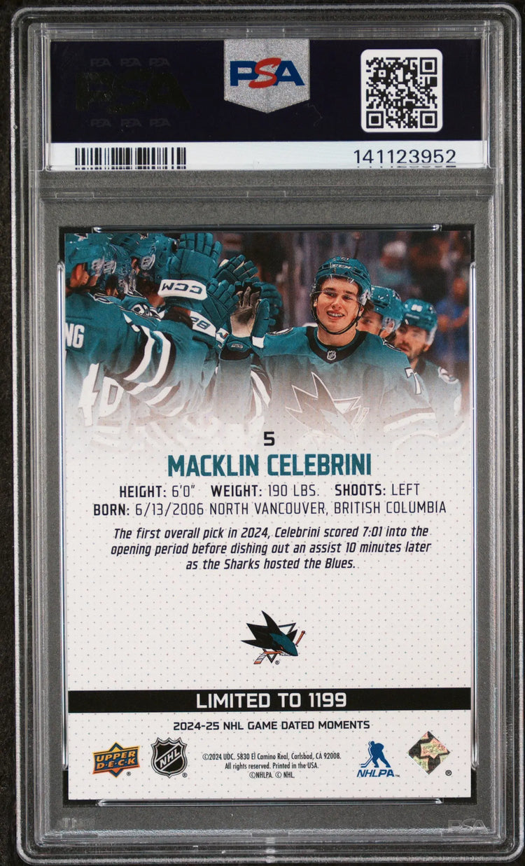 2024 Upper Deck Game Dated Moments Macklin Celebrini  /1199 PSA 10 