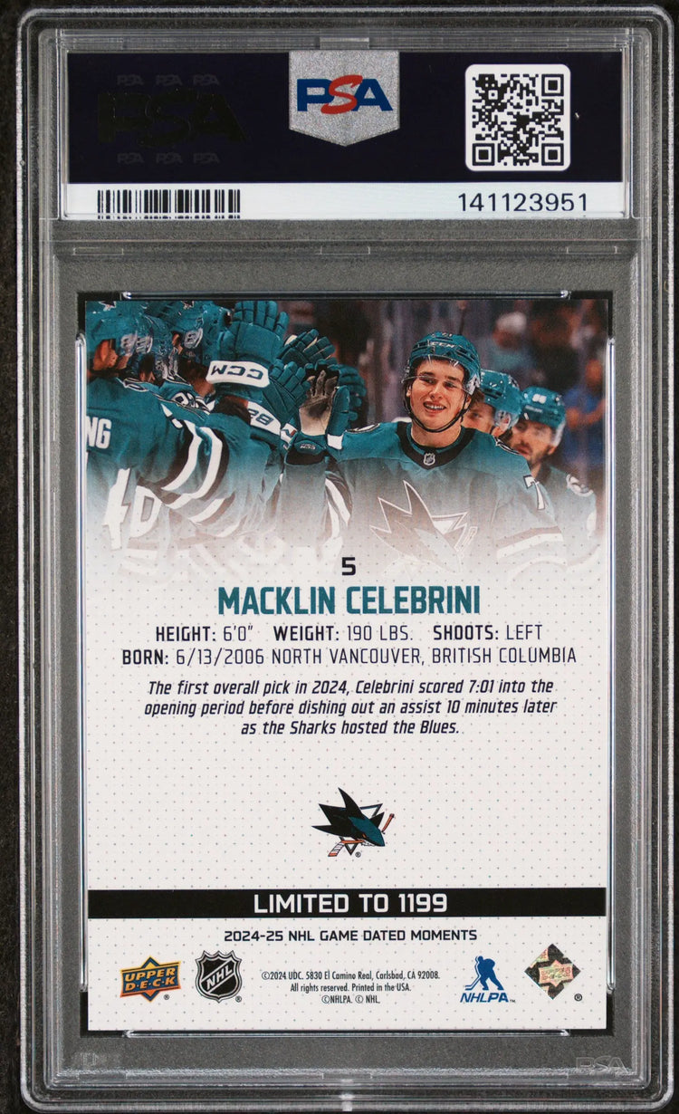 2024 Upper Deck Game Dated Moments Macklin Celebrini RC Rookie PSA 10 