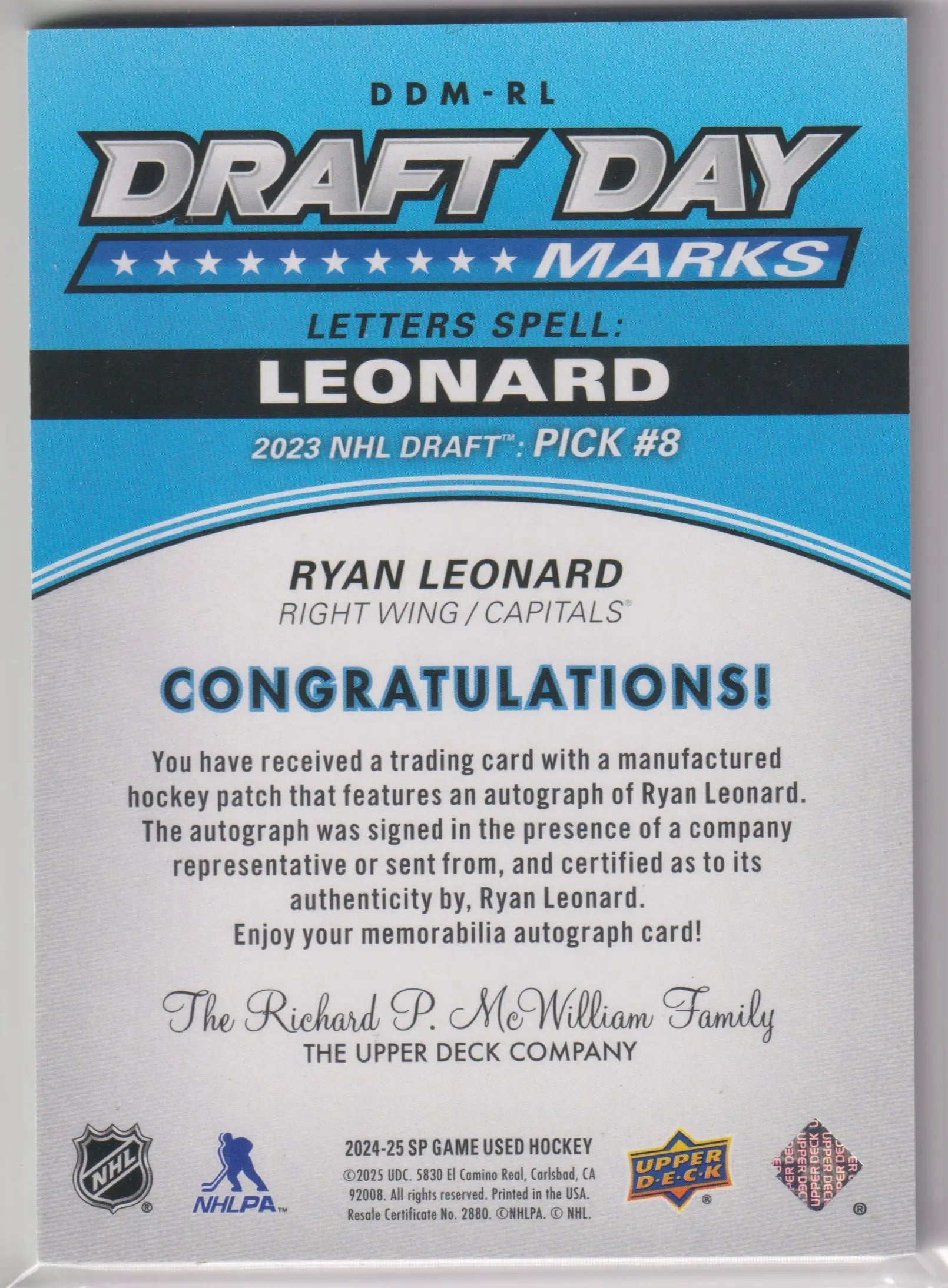 2024 Upper Deck Game Used Draft Day Marks Autograph Patch Ryan Leonard Auto /35 