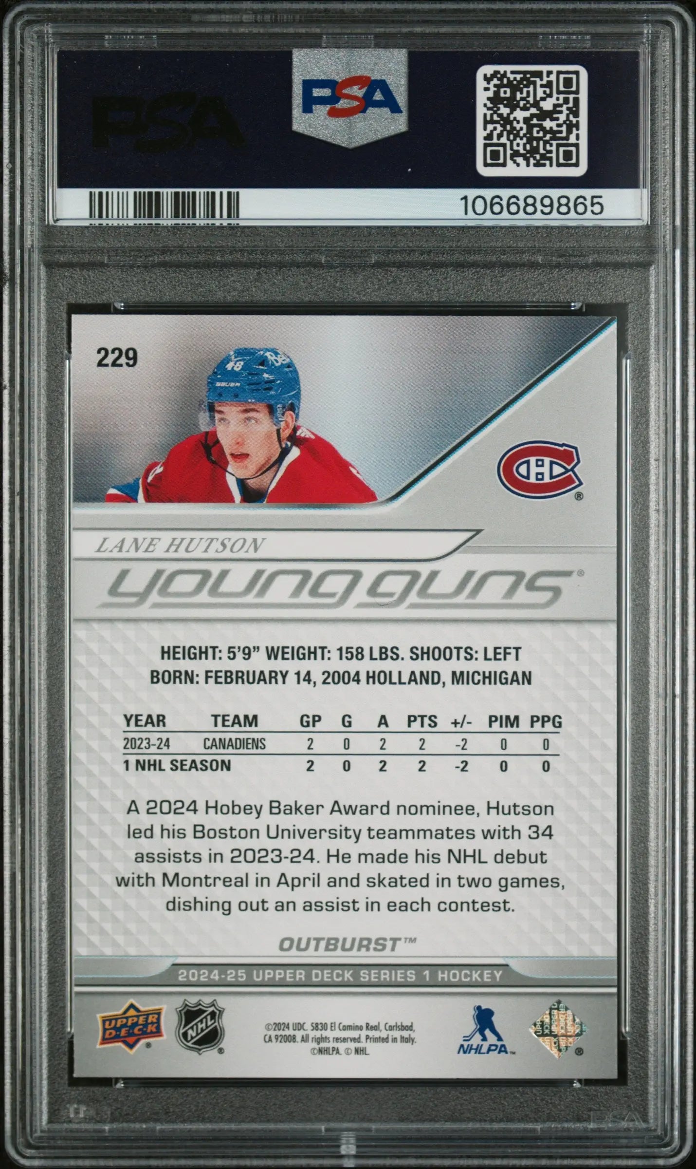 2024 Upper Deck Lane Hutson #229 Outburst PSA 10 