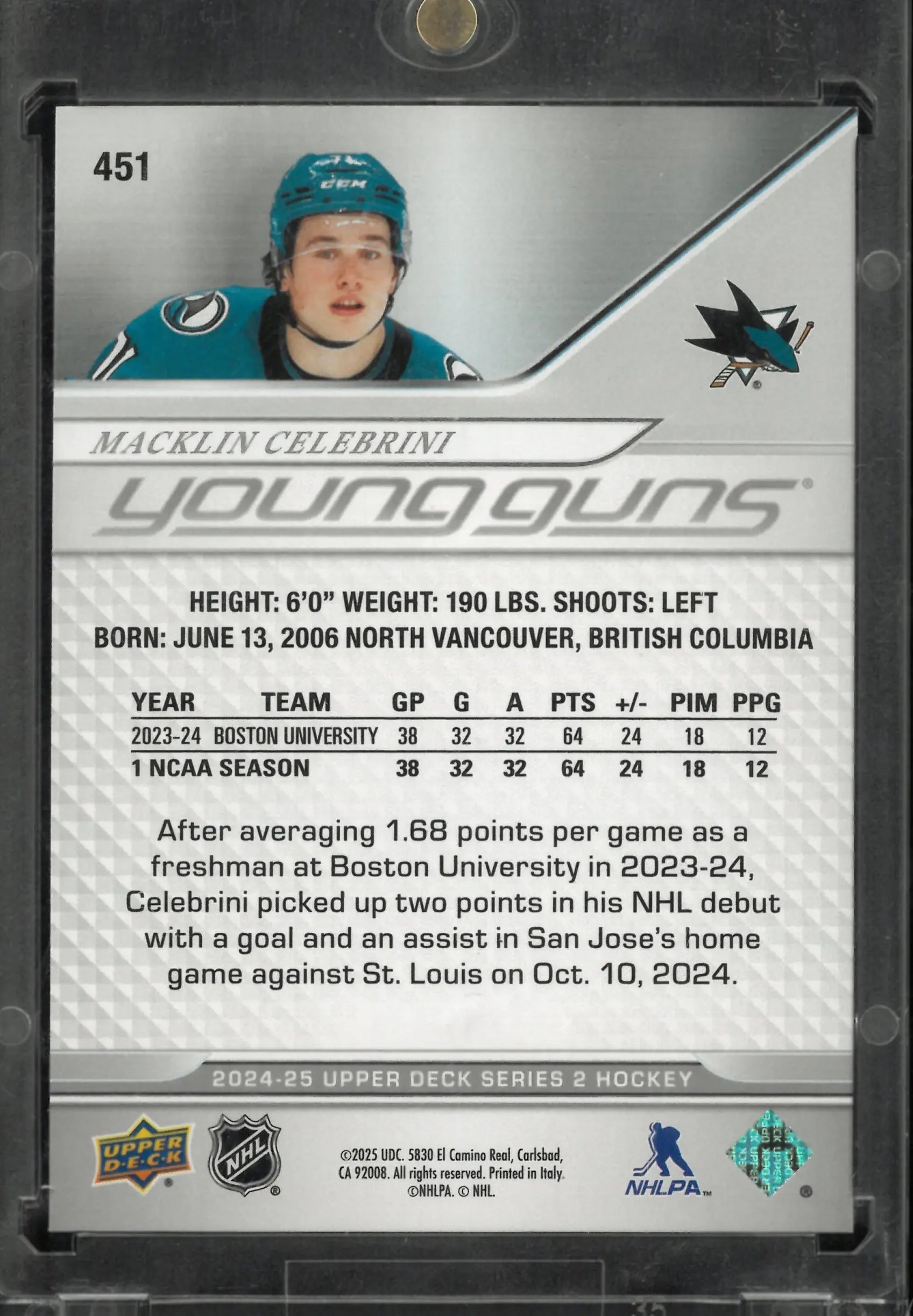 2024 Upper Deck Macklin Celebrini Young Guns 