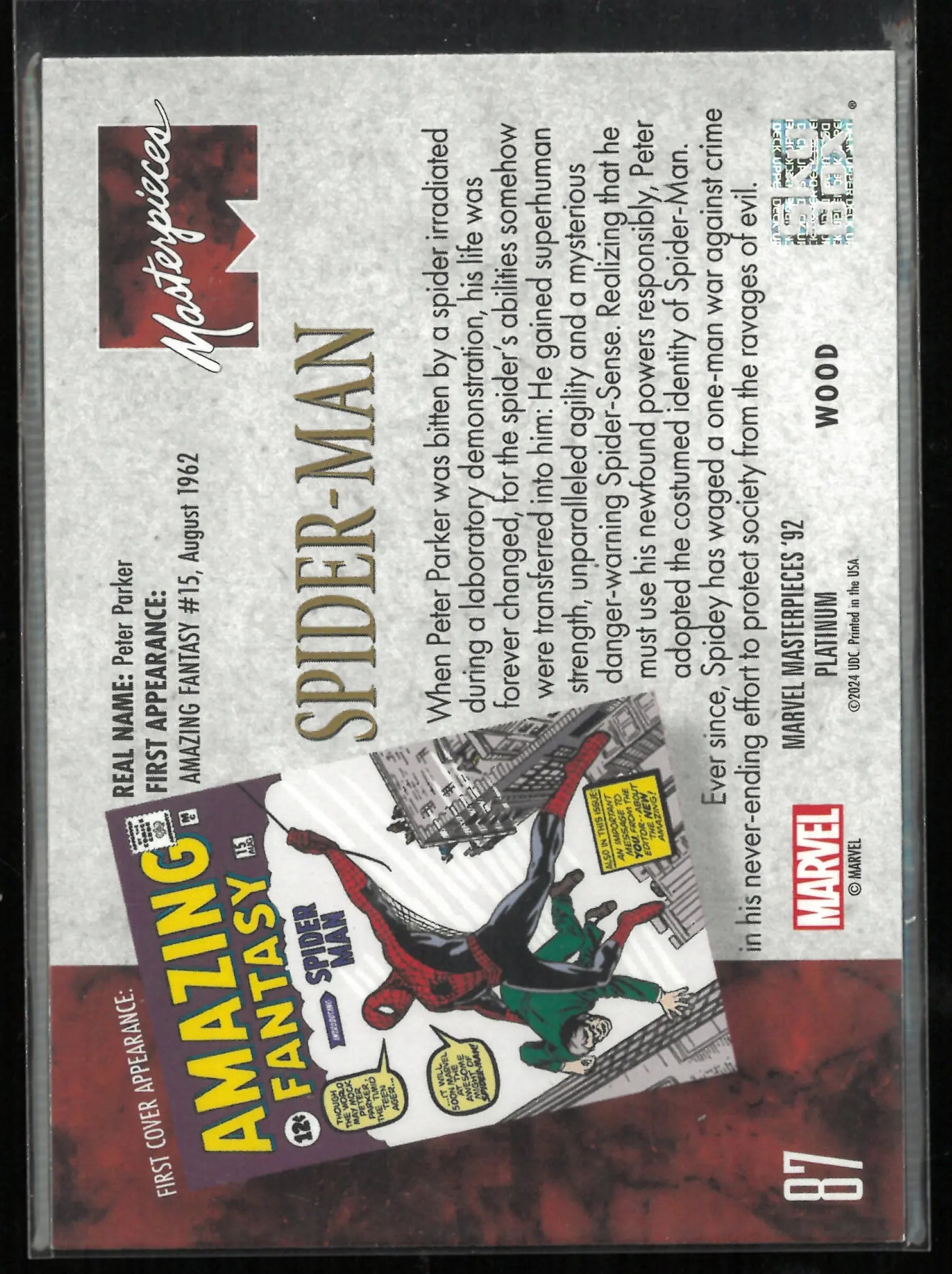 2024 Upper Deck Marvel Masterpieces '92 Platinum Spider-Man Wood 