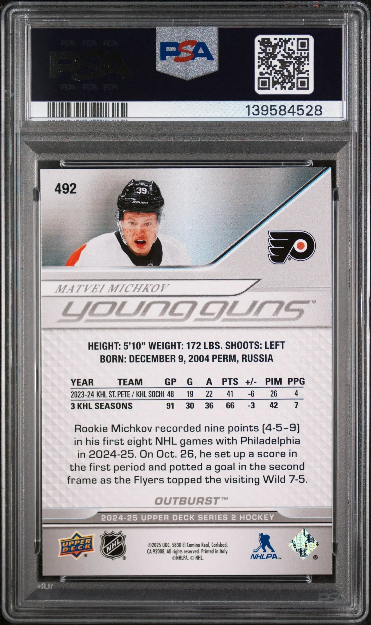 2024 Upper Deck Matvei Michkov #492 Outburst PSA 10 