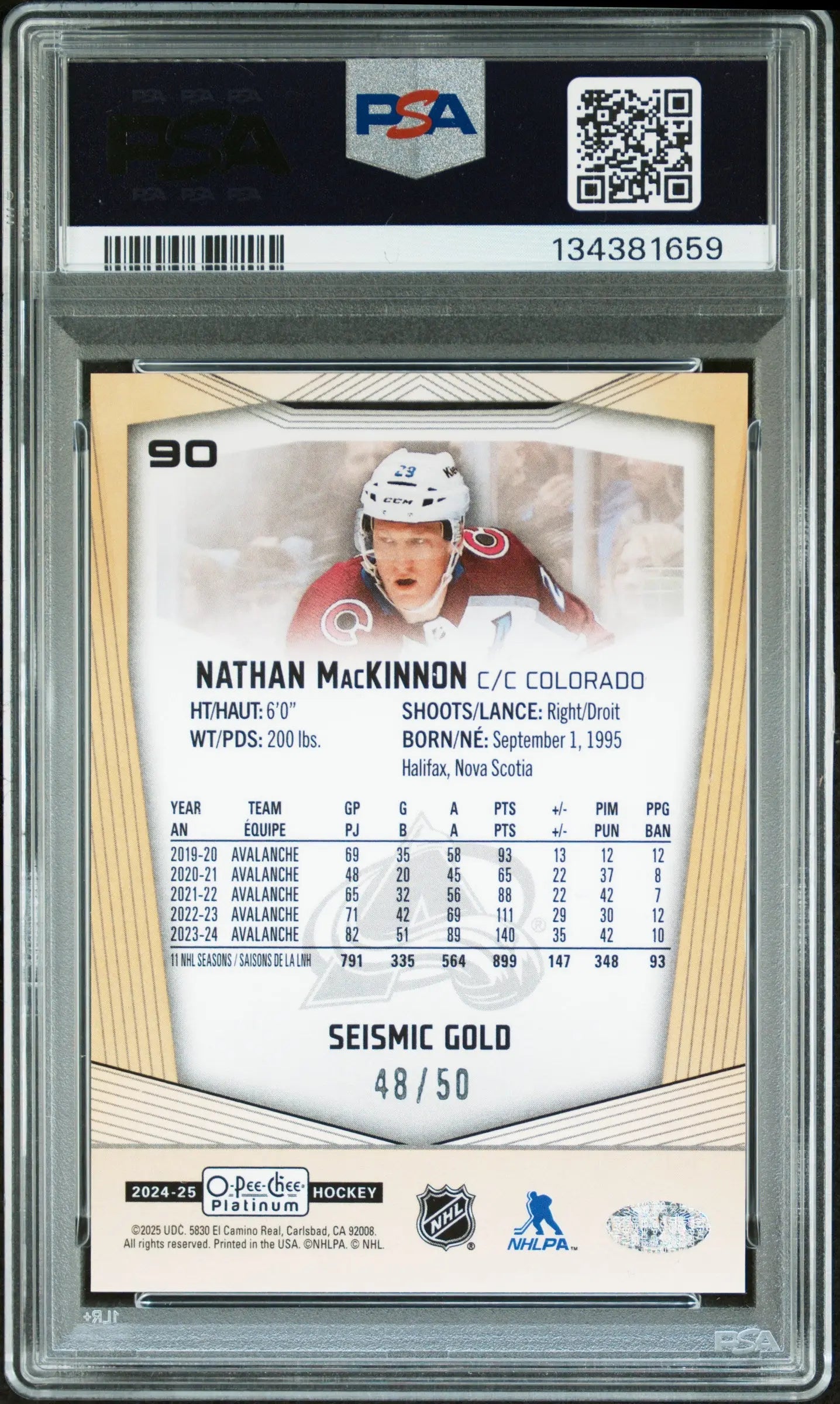 2024 Upper Deck O-Pee-Chee Platinum Nathan Mackinnon Seismic Gold /50 PSA 9 