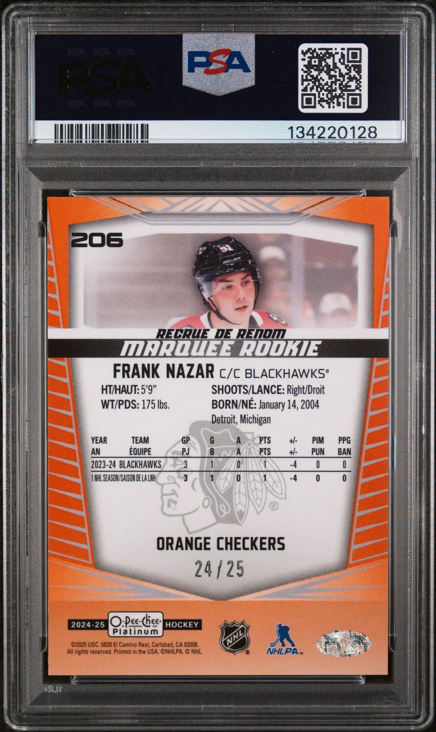 2024 Upper Deck O-Pee-Chee Platinum RC Frank Nazar #206 Orange Checkers PSA 10 