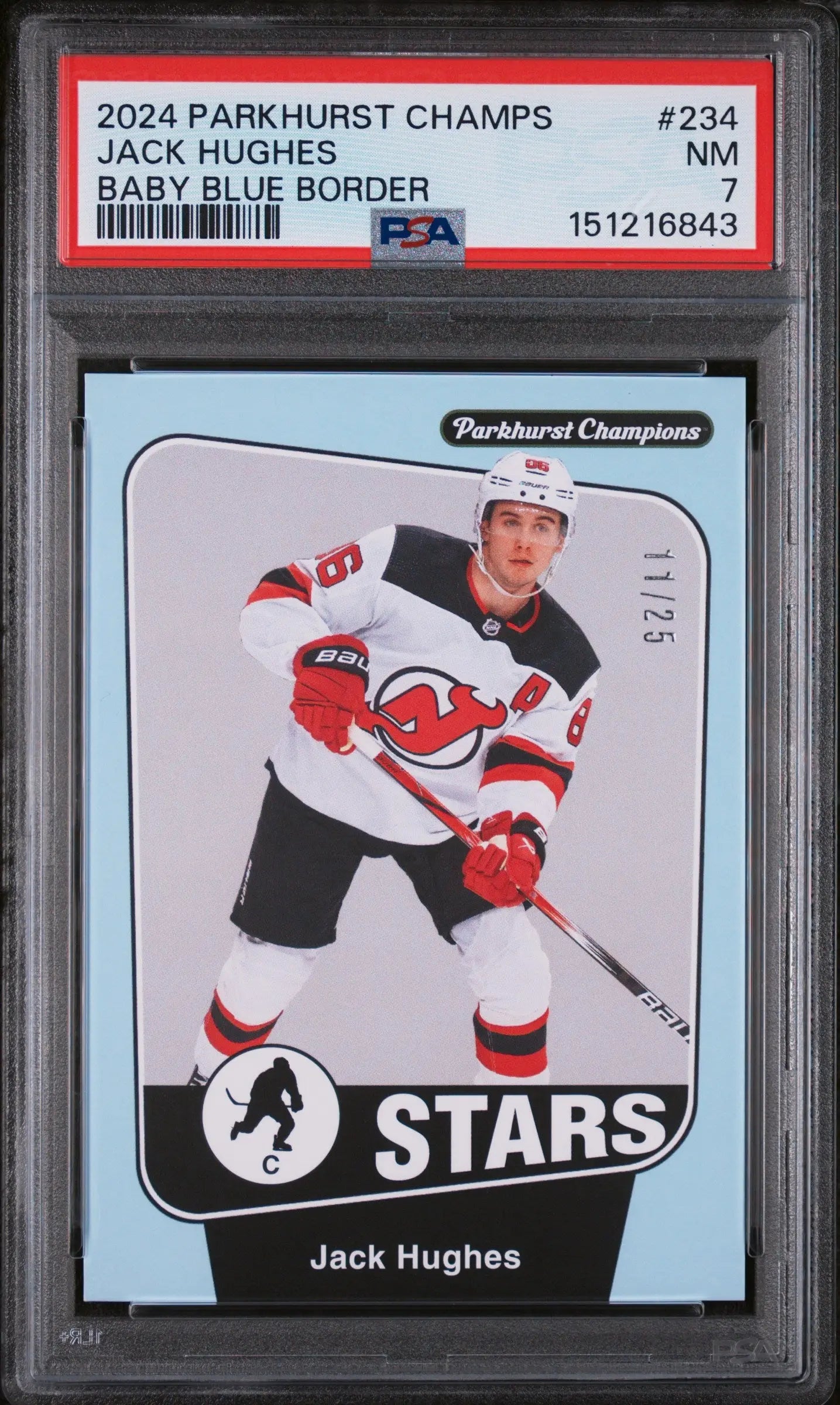 2024 Upper Deck Parkhurst Champions Jack Hughes #234 Baby Blue Border 11/25 PSA 7 