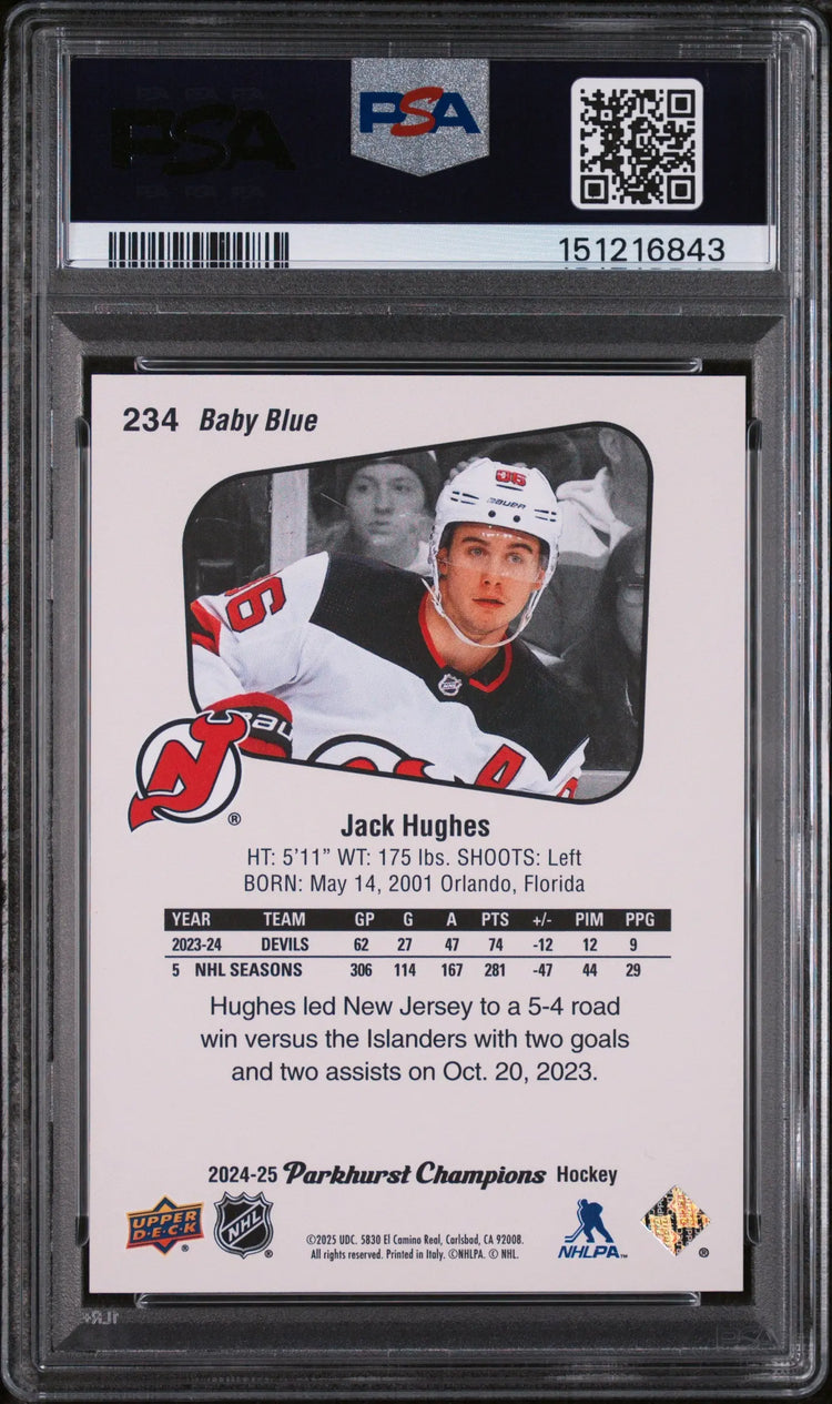 2024 Upper Deck Parkhurst Champions Jack Hughes #234 Baby Blue Border 11/25 PSA 7 