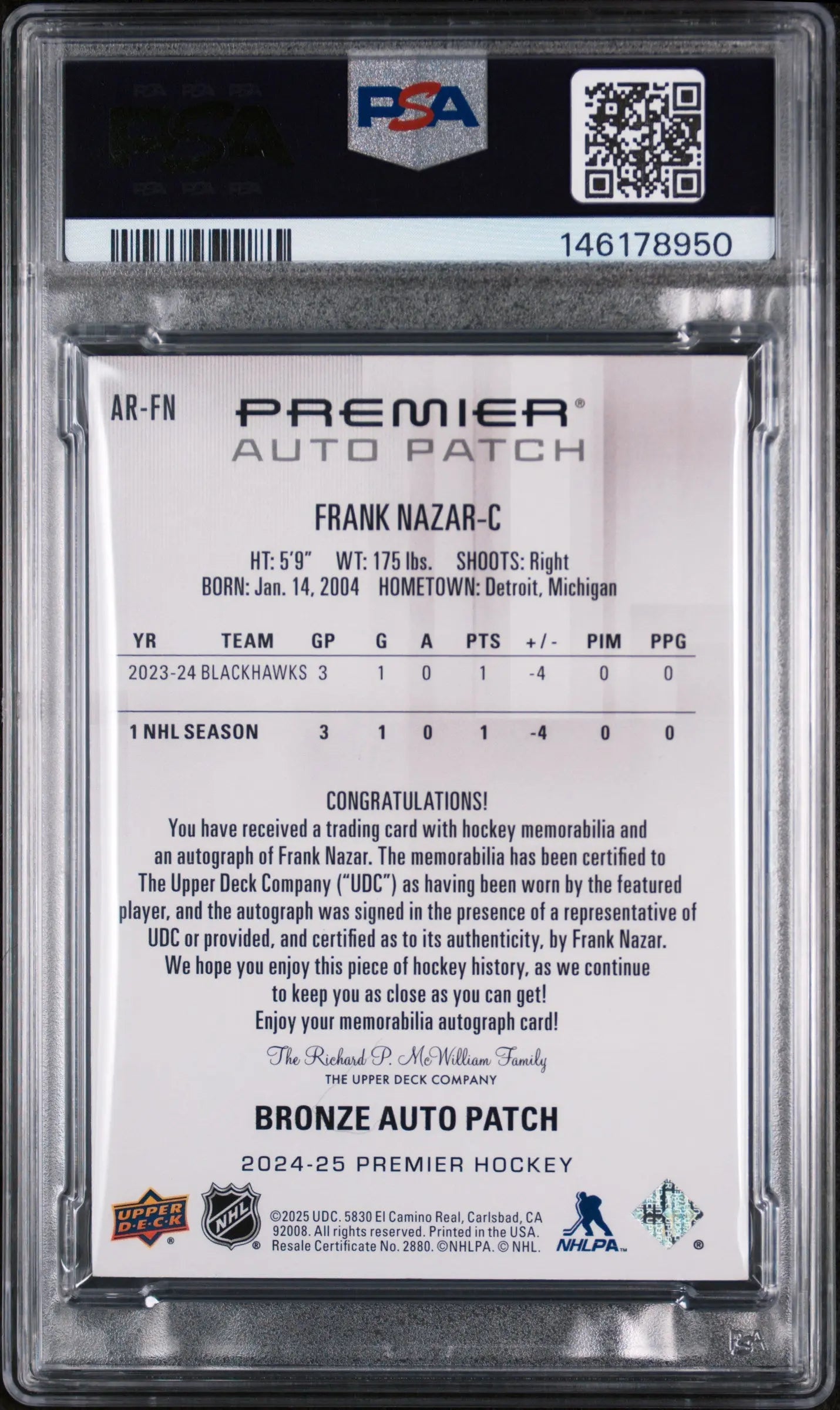 2024 Upper Deck Premier Acetate Rookie Autograph Patch Frank Nazar  /99 RC PSA 9 