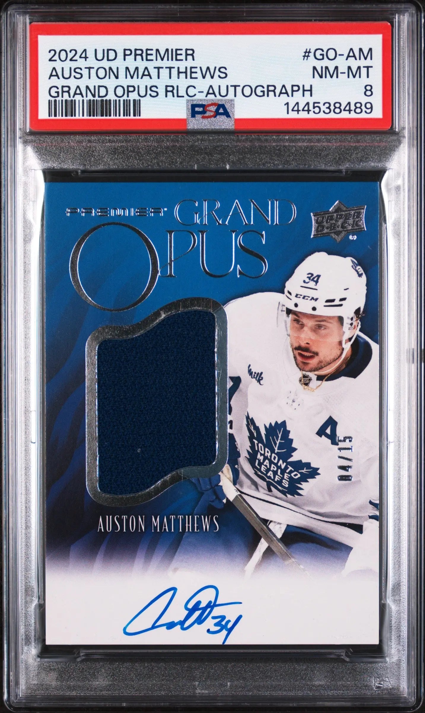 2024 Upper Deck Premier Grand Opus Relics Patch Auto Auston Matthews /15 PSA 8 