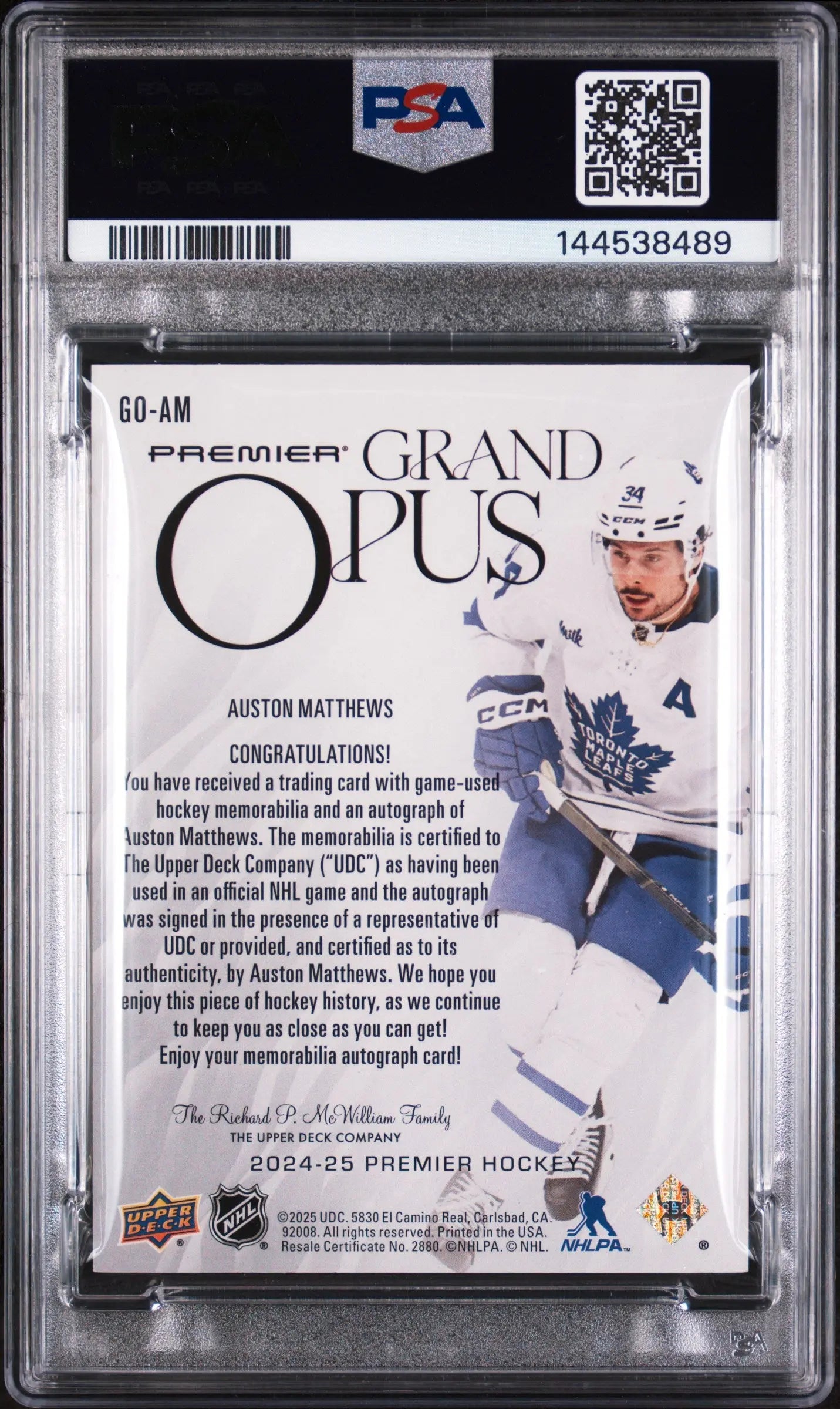 2024 Upper Deck Premier Grand Opus Relics Patch Auto Auston Matthews /15 PSA 8 