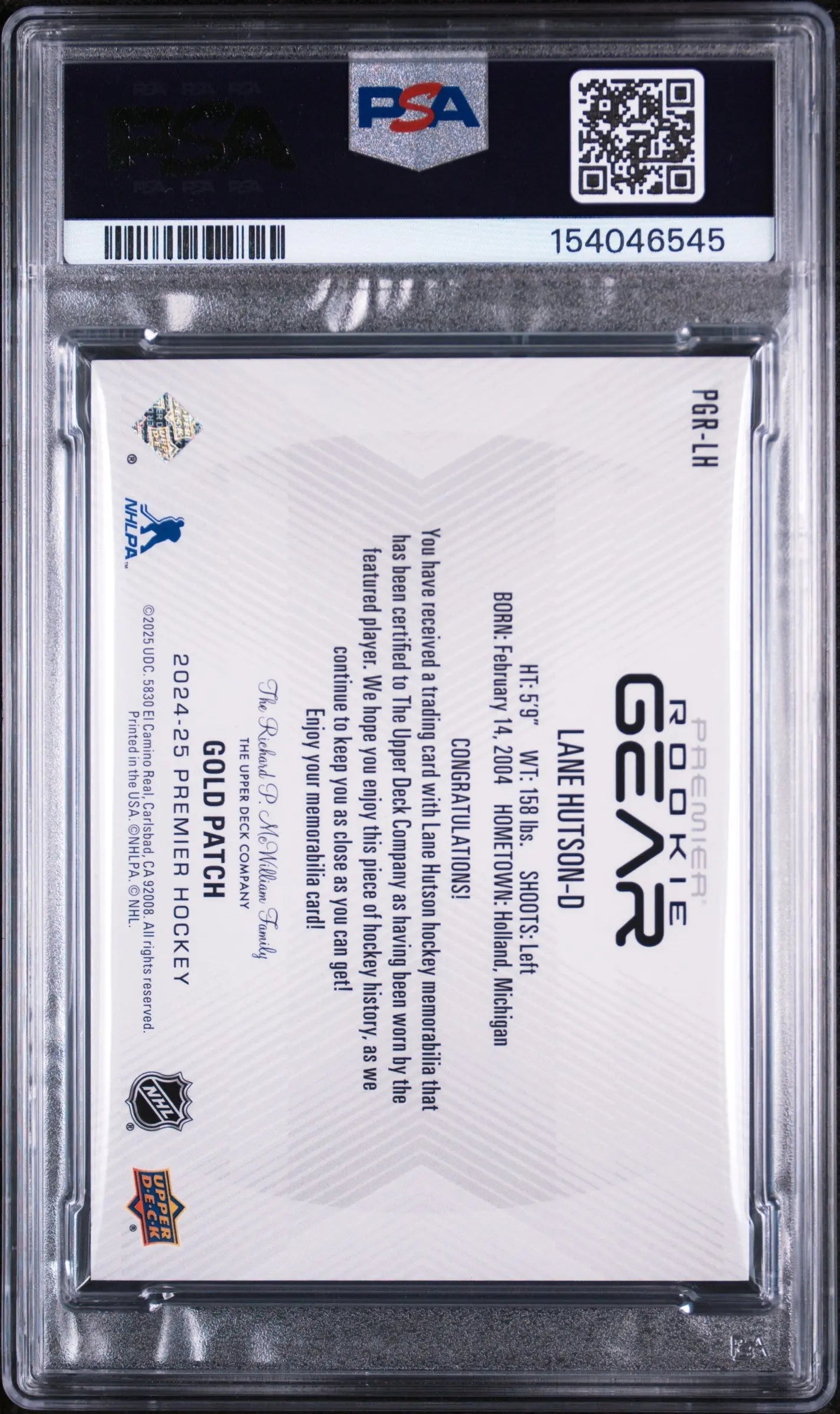 2024 Upper Deck Premier Premier Rookie Patch Lane Hutson Gold /25 PSA 9 