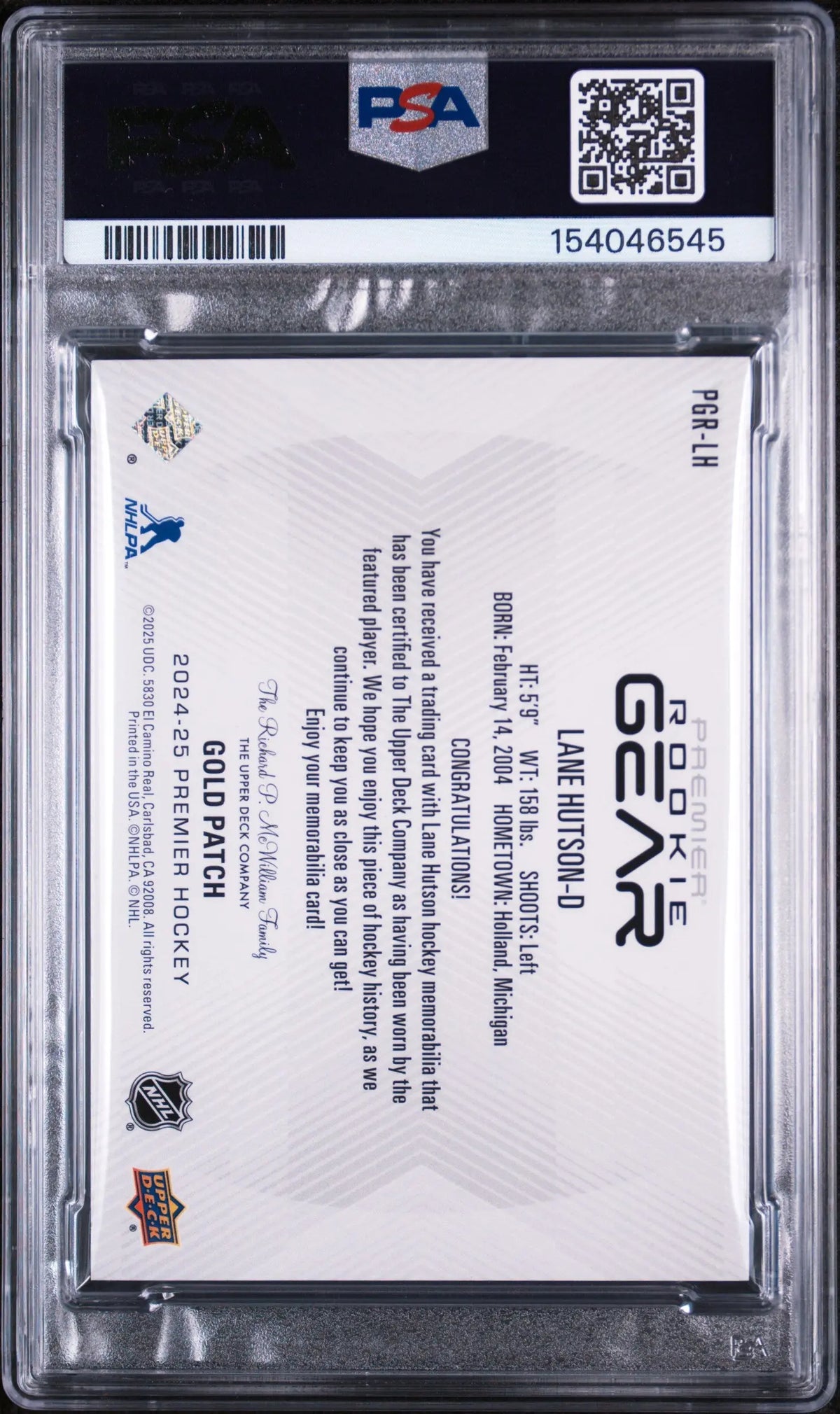 2024 Upper Deck Premier Premier Rookie Patch Lane Hutson Gold /25 PSA 9 