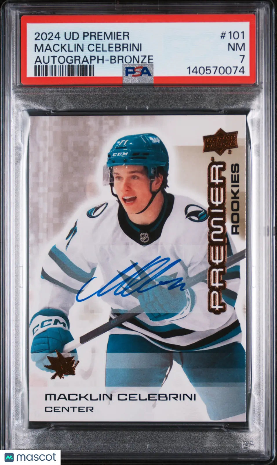 2024 Upper Deck Premier Rookie Macklin Celebrini RC Autograph Auto Bronze PSA 7 